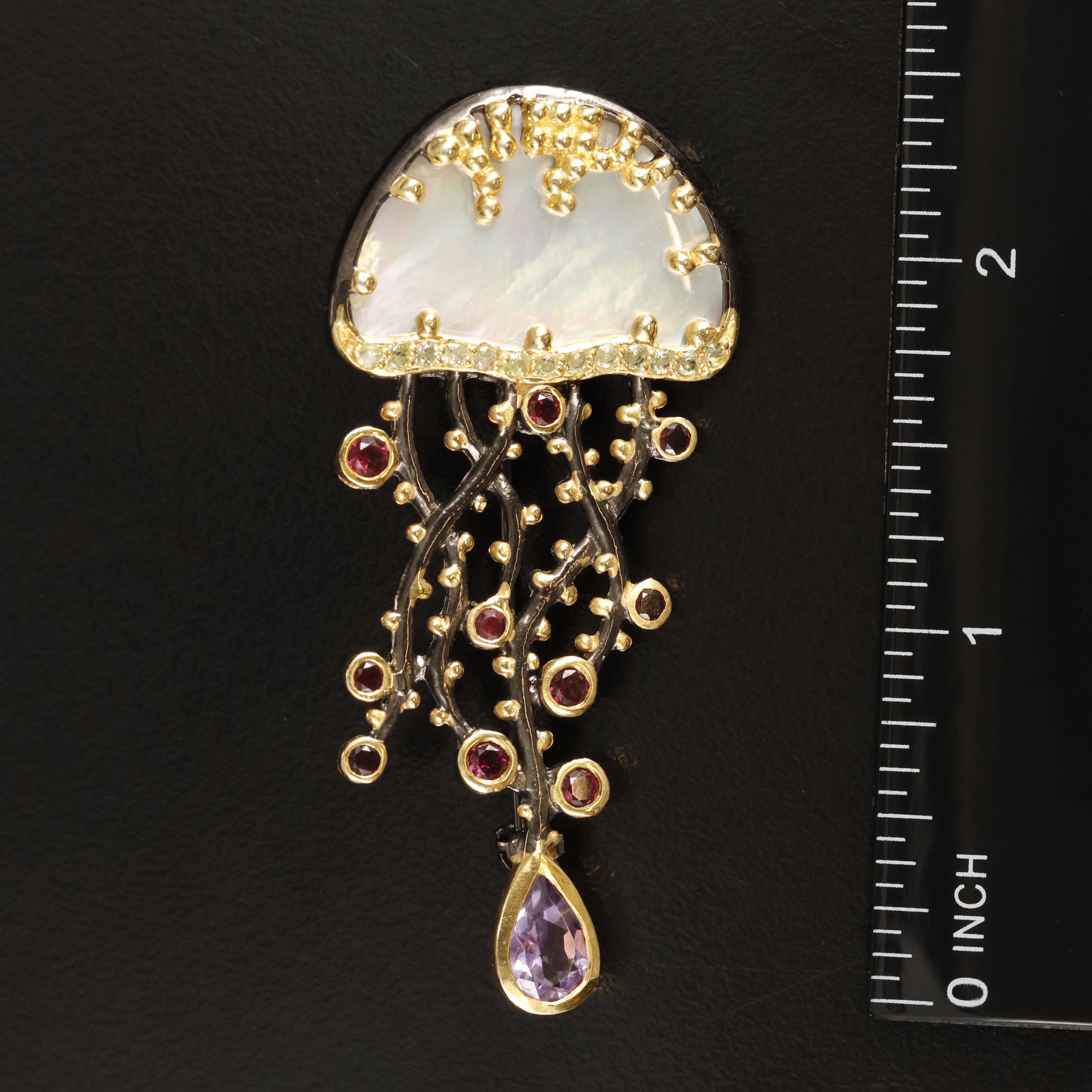 Sterling Mother-of-Pearl, Amethyst and Garnet Jellyfish Converter Brooch