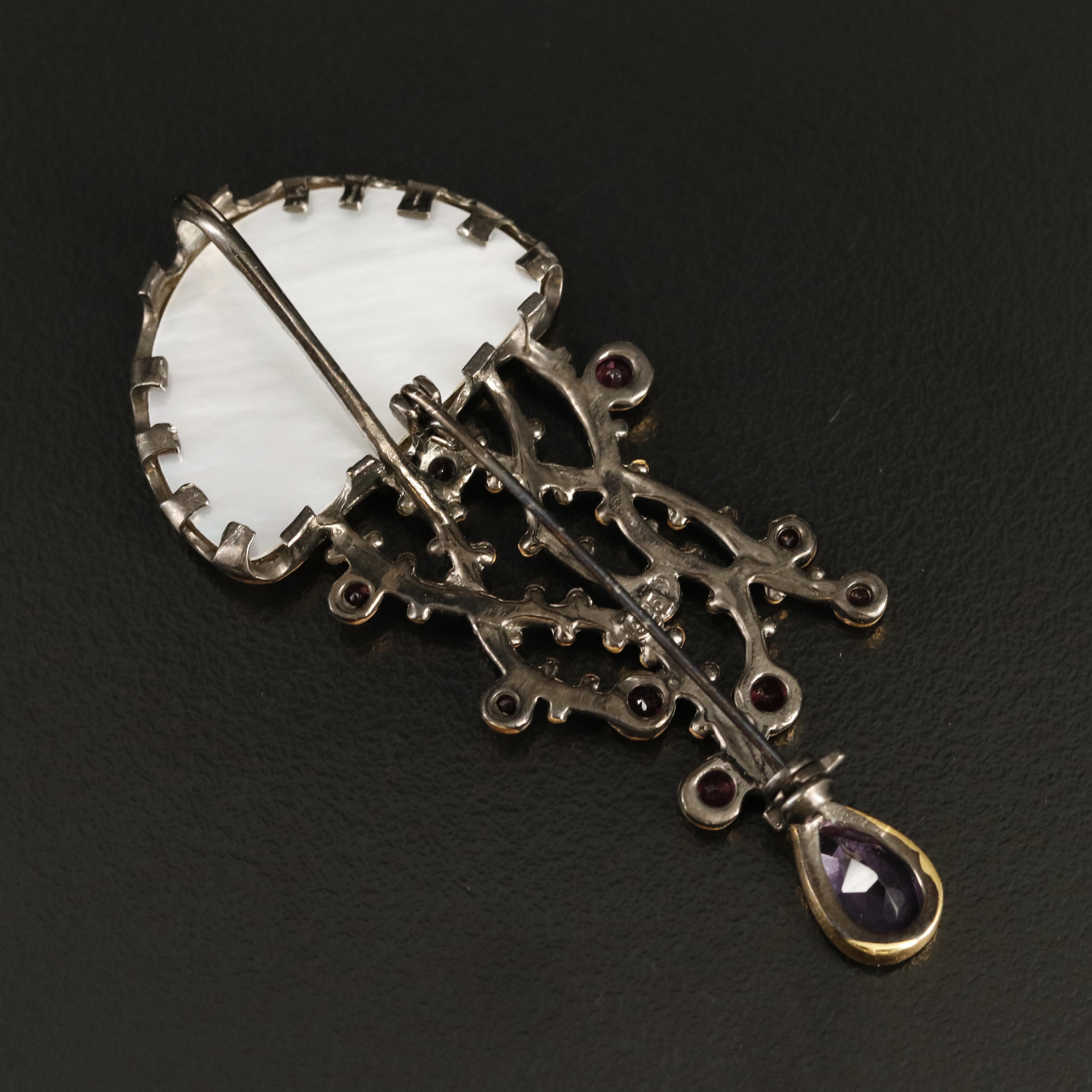 Sterling Mother-of-Pearl, Amethyst and Garnet Jellyfish Converter Brooch