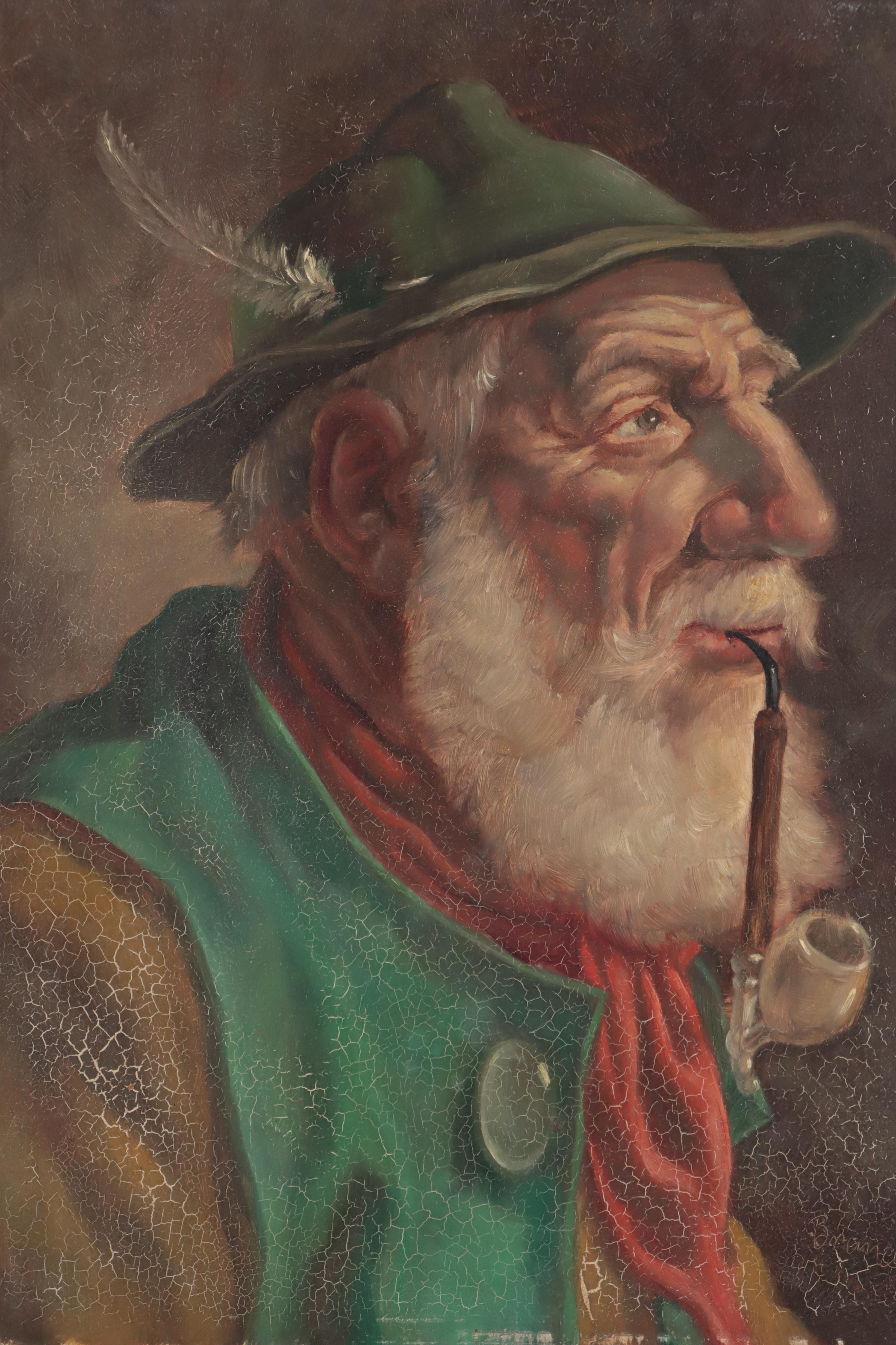 Brandmeir Oil Portrait of German Man Smoking Pipe