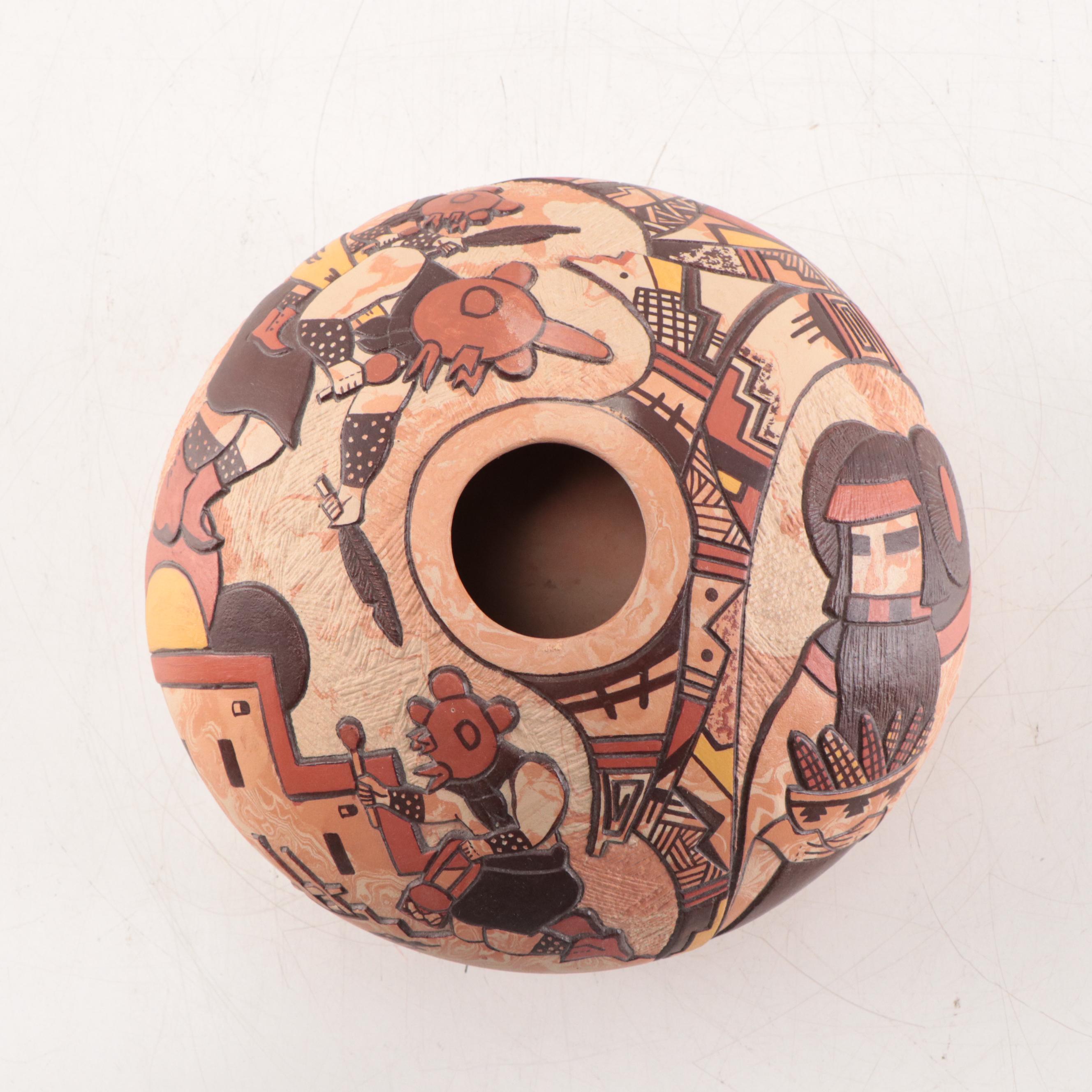 Delmar Polacca Nampeyo Signed Polychrome Terracotta Seed Pot, Late 20th C