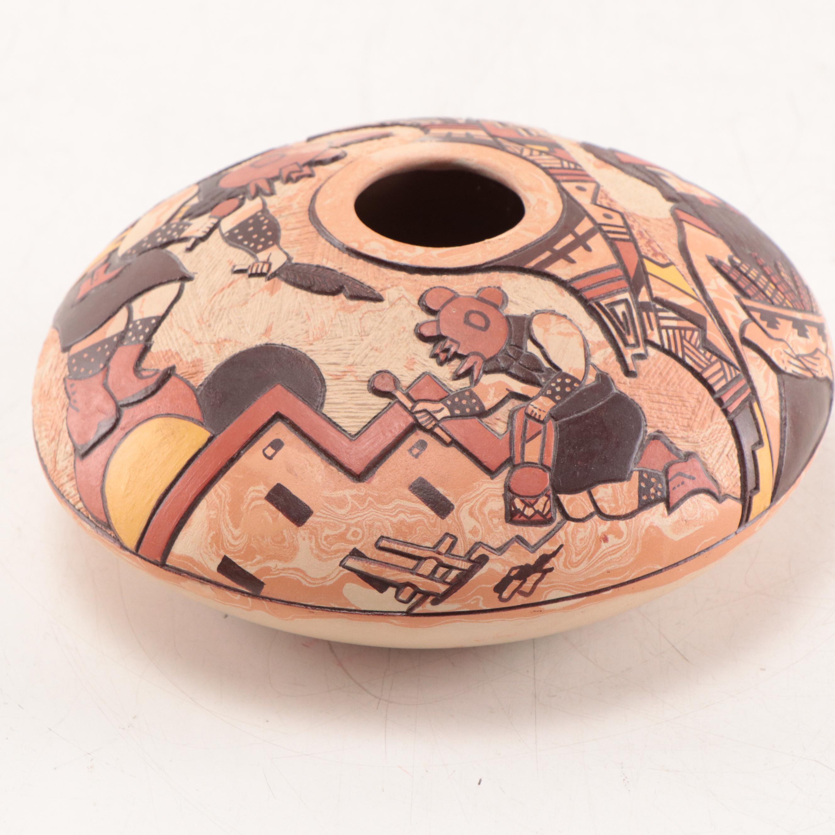 Delmar Polacca Nampeyo Signed Polychrome Terracotta Seed Pot, Late 20th C