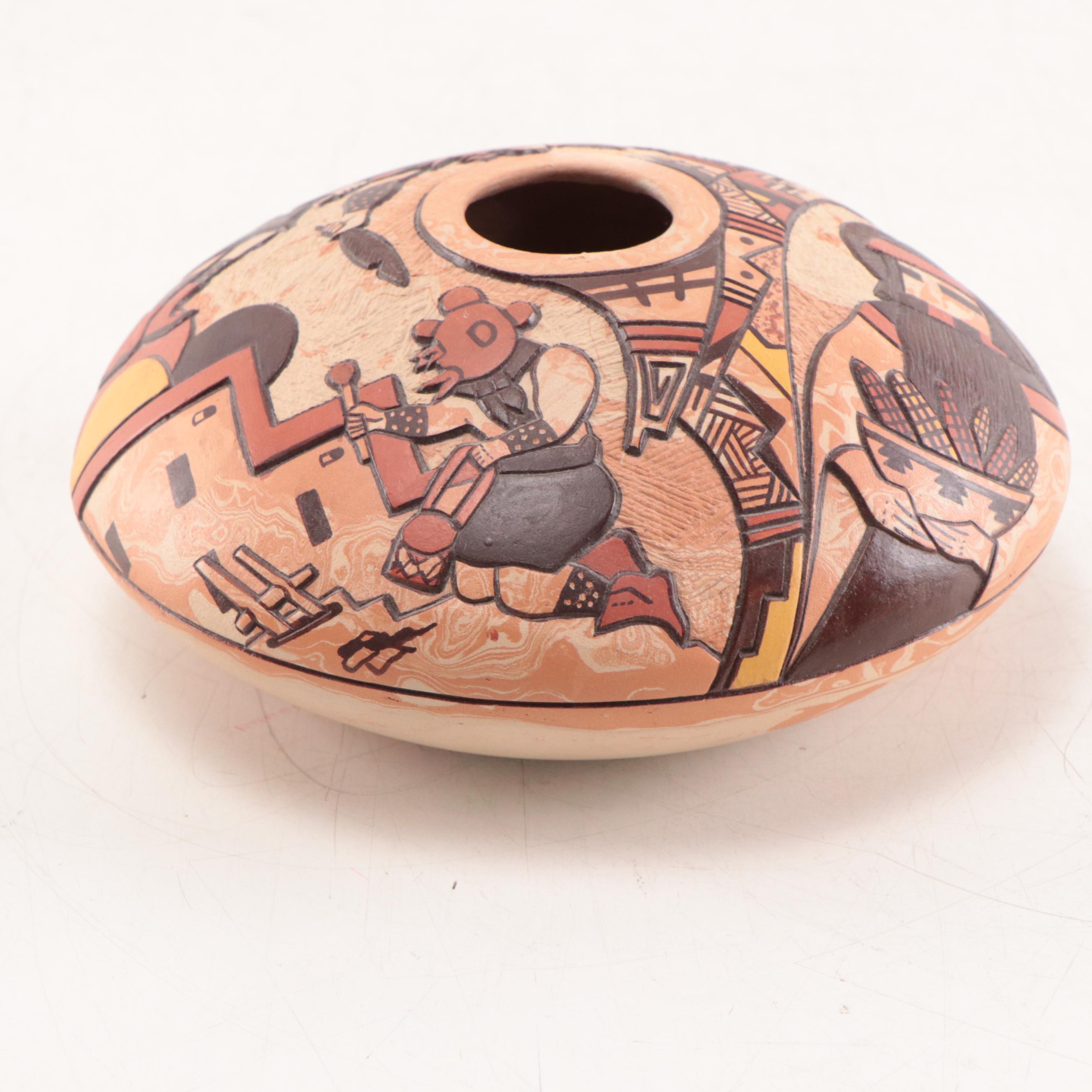Delmar Polacca Nampeyo Signed Polychrome Terracotta Seed Pot, Late 20th C