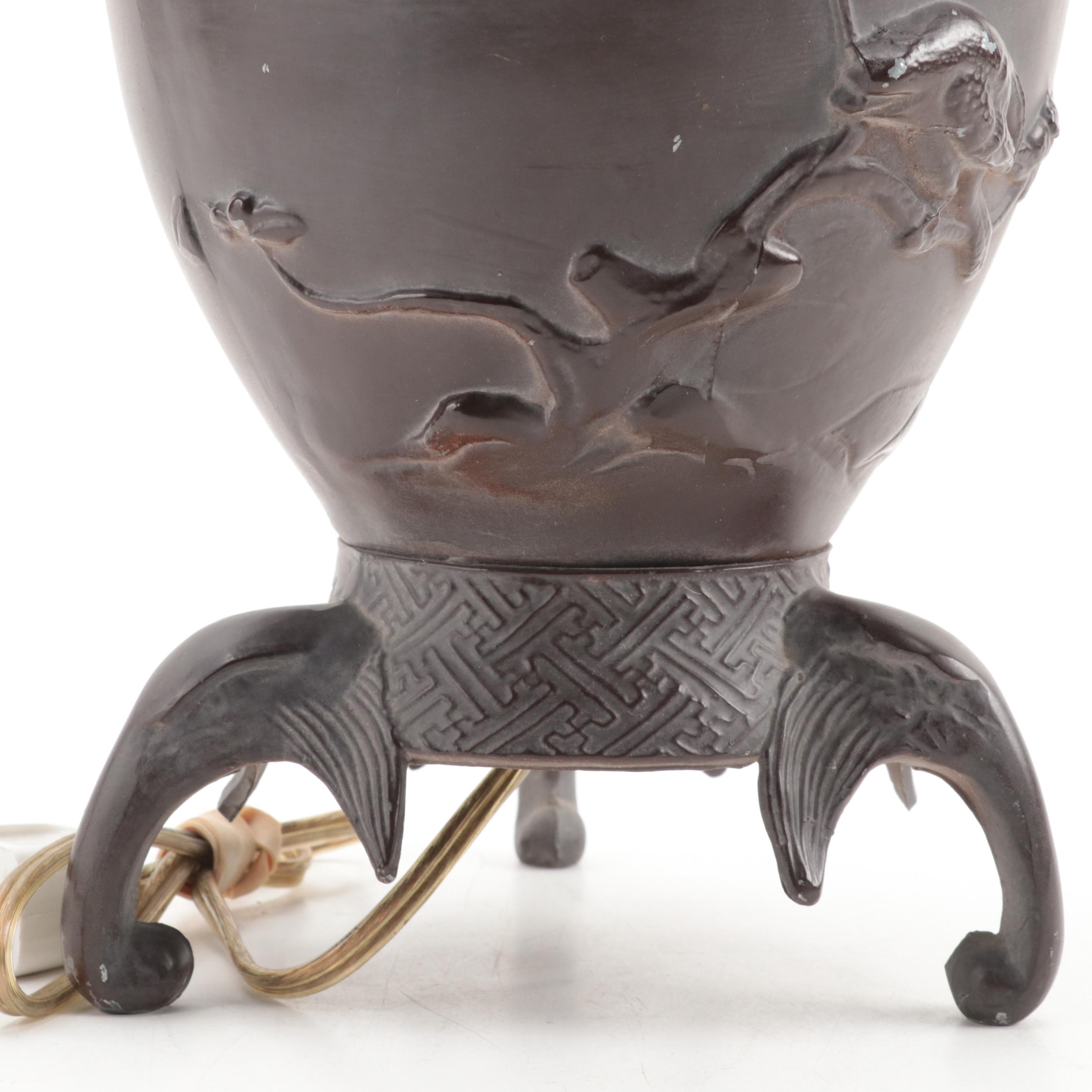 Japanese Style Guardian Lion Handled Bronzed Metal Vase Table Lamp