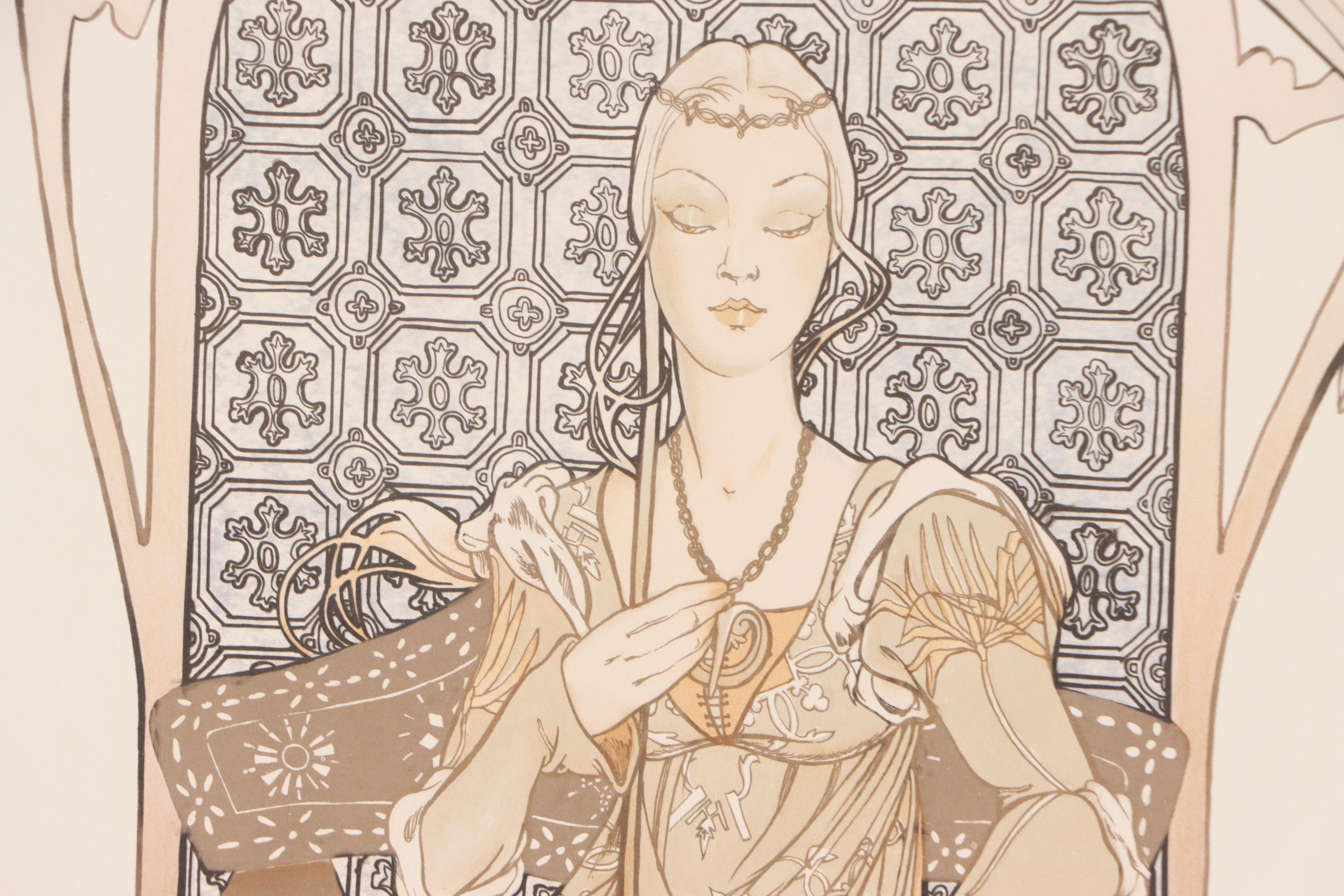 Art Nouveau Style Hand-Colored Lithograph