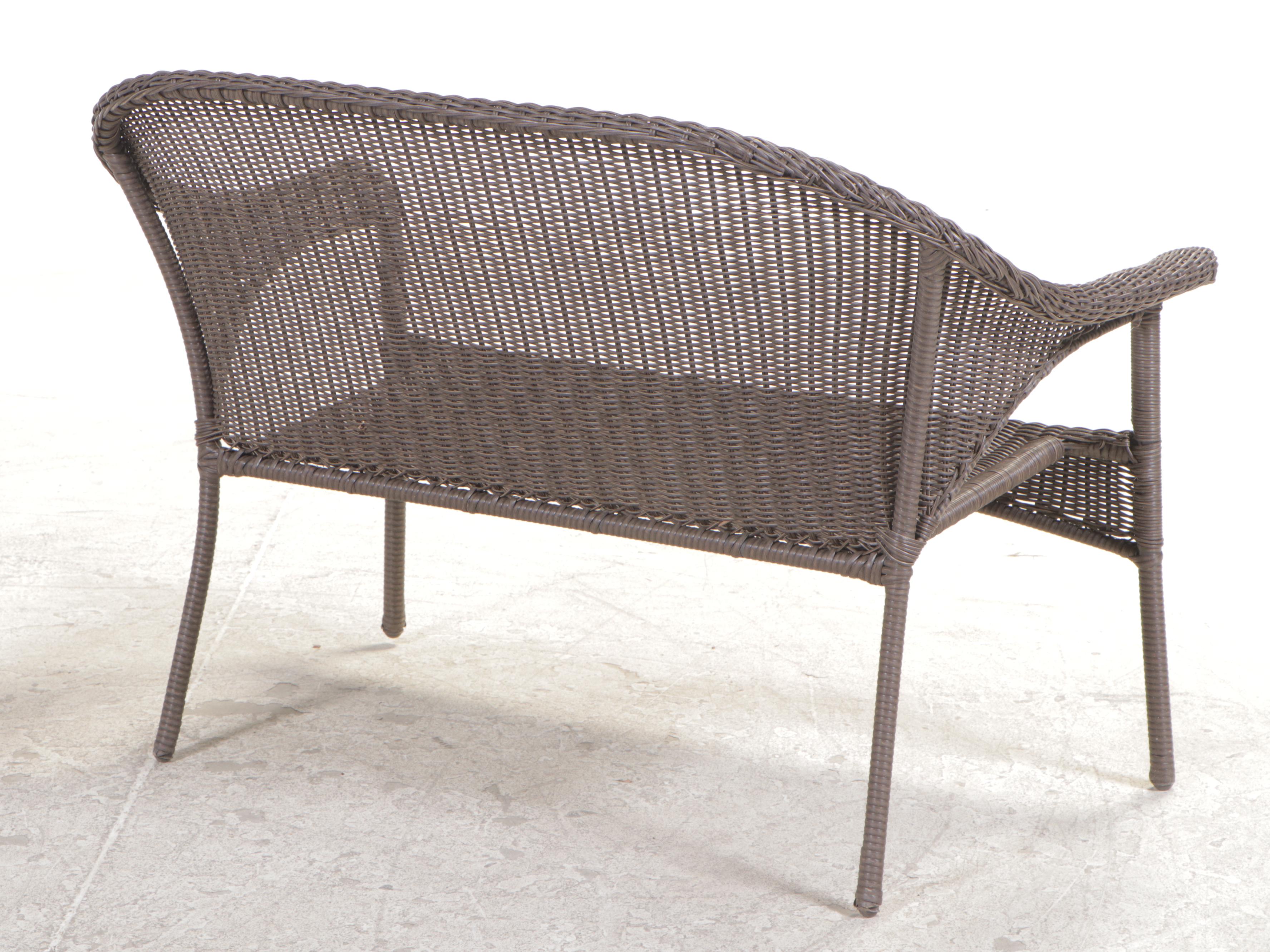 Resin Wicker Patio Settee Plus Two Slatted Hardwood and Metal Side Tables
