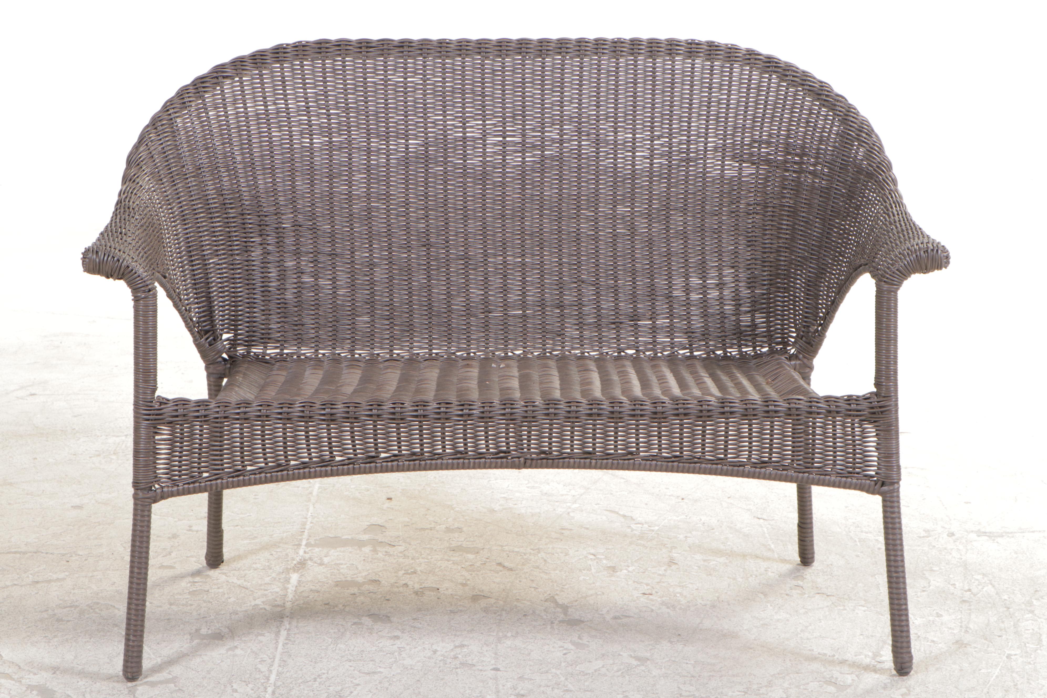 Resin Wicker Patio Settee Plus Two Slatted Hardwood and Metal Side Tables
