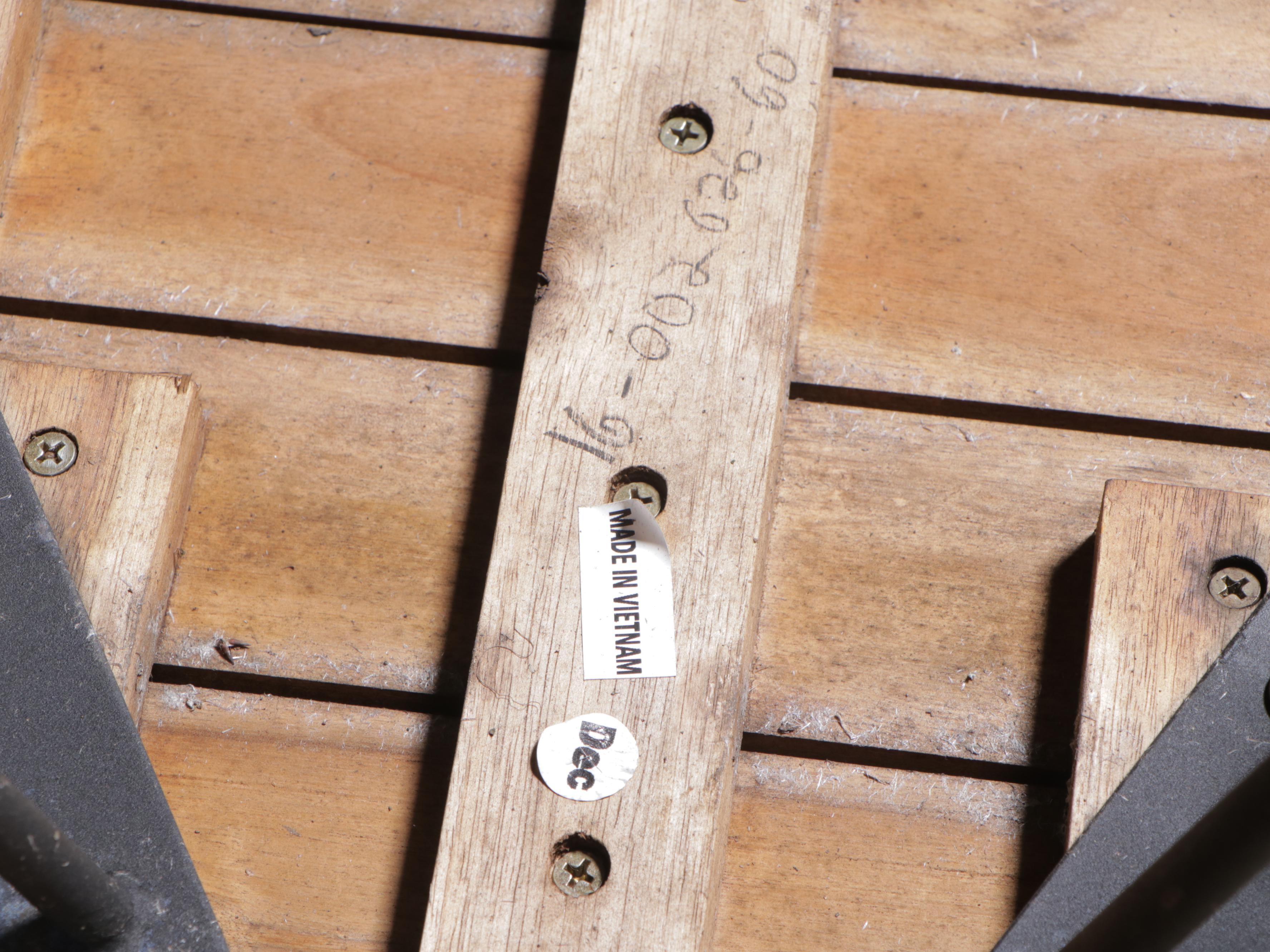 Resin Wicker Patio Settee Plus Two Slatted Hardwood and Metal Side Tables