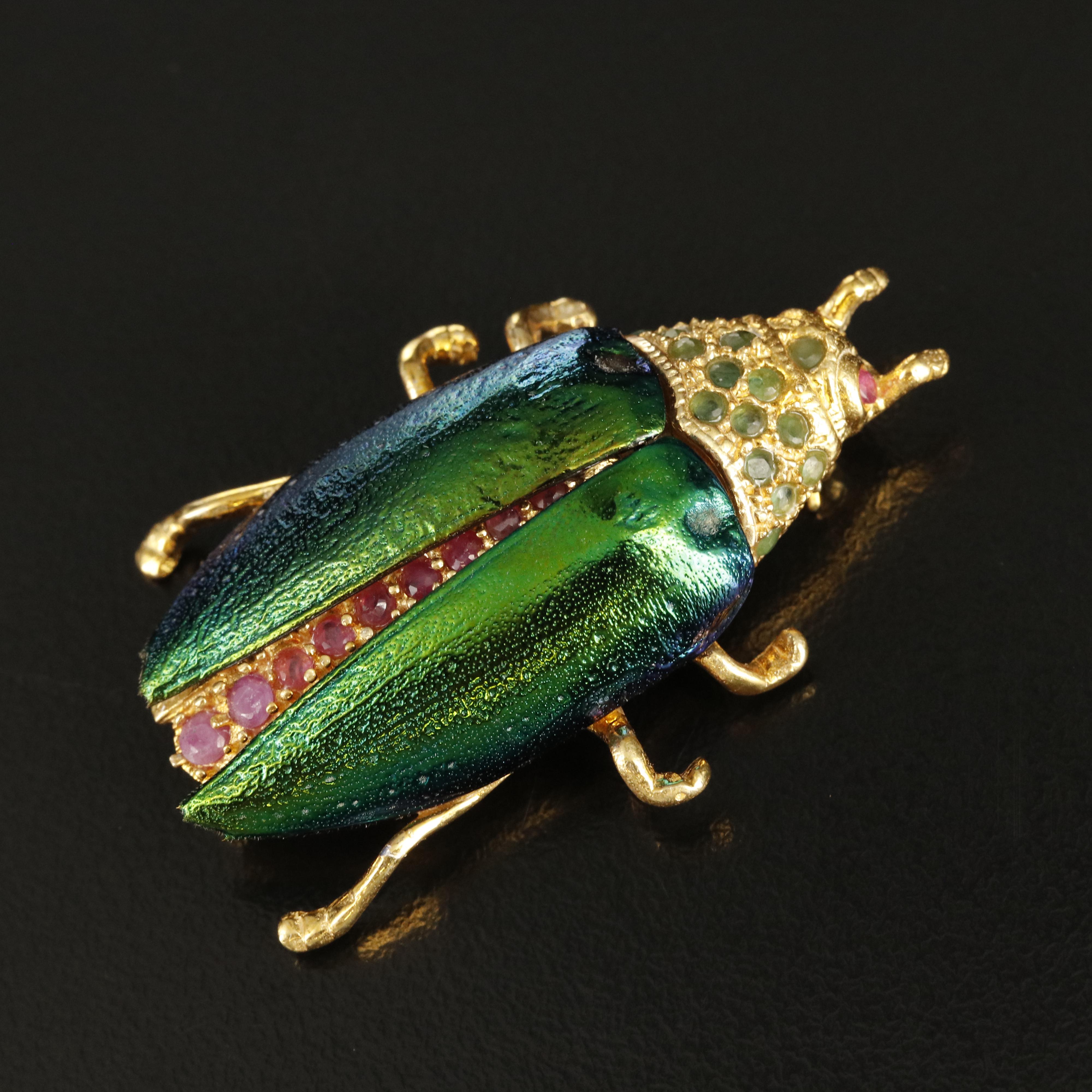 Sterling Elytra, Emerald and Ruby Beetle Brooch