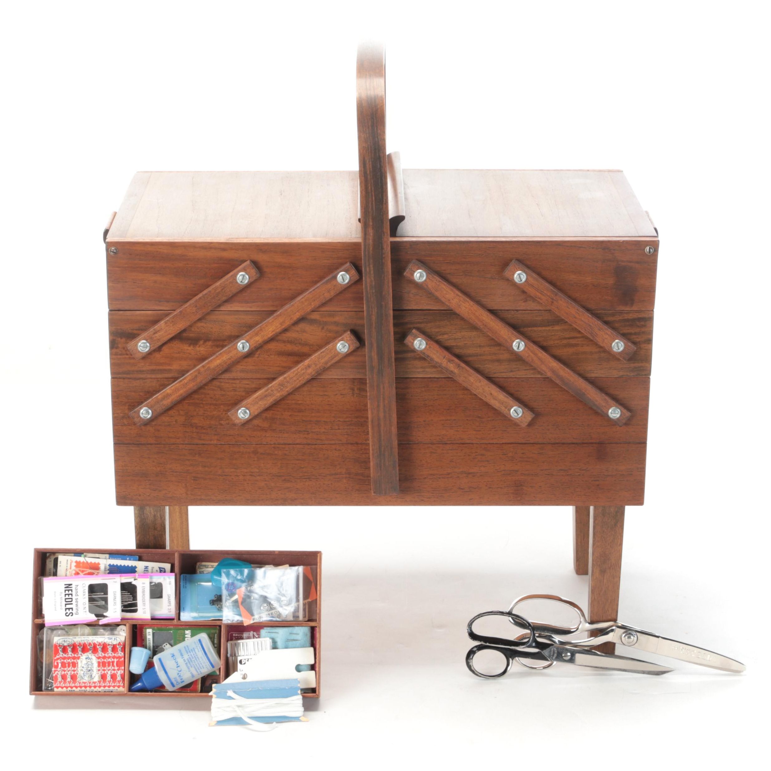 Mid Century Modern Cantilever Sewing Box With Notions, Threads and More
