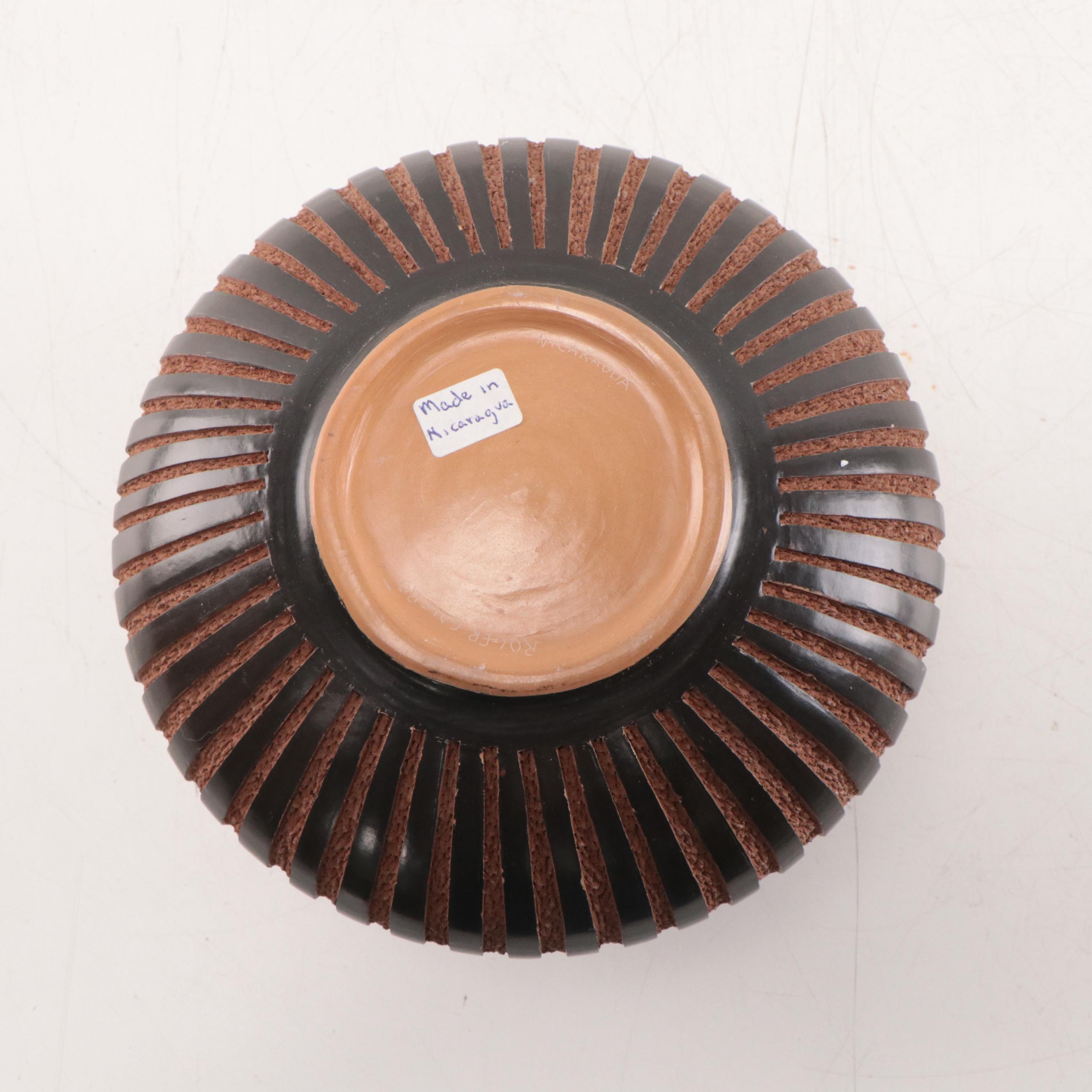 Roger Calero Hand-Painted Nicaraguan Earthenware Carved Olla