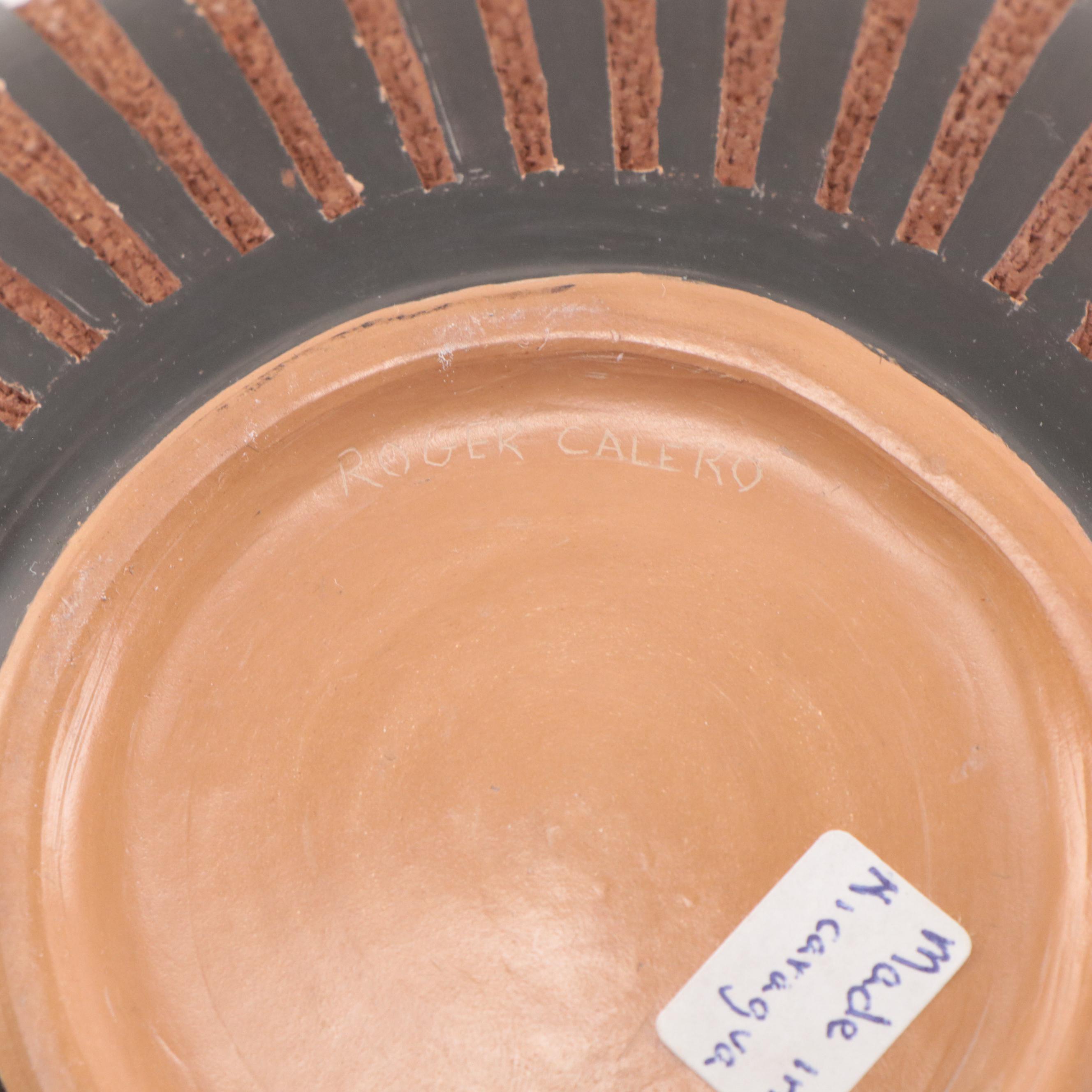 Roger Calero Hand-Painted Nicaraguan Earthenware Carved Olla