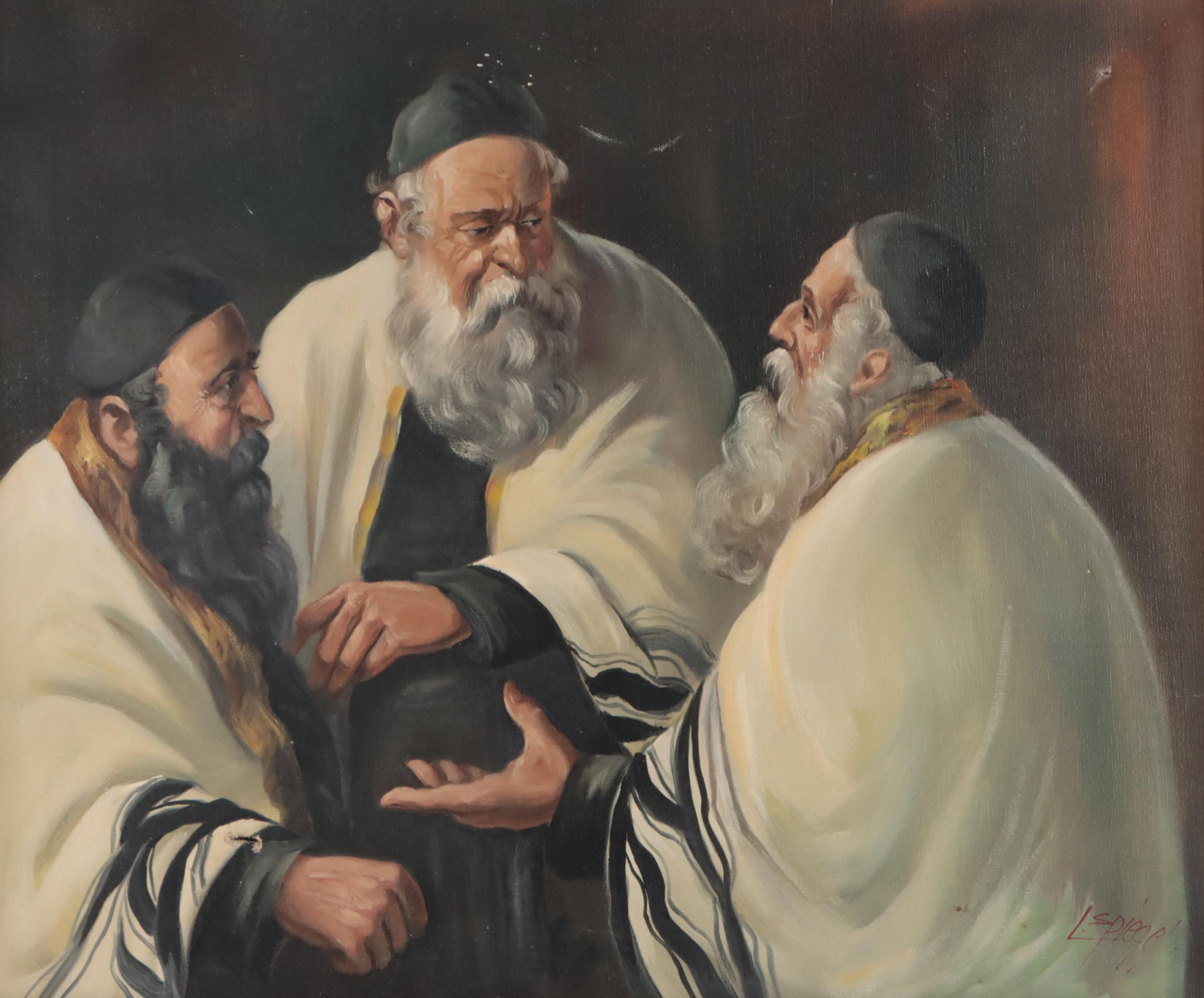 Louis Spiegel Genre Oil Painting "Rabbinical Discussion"