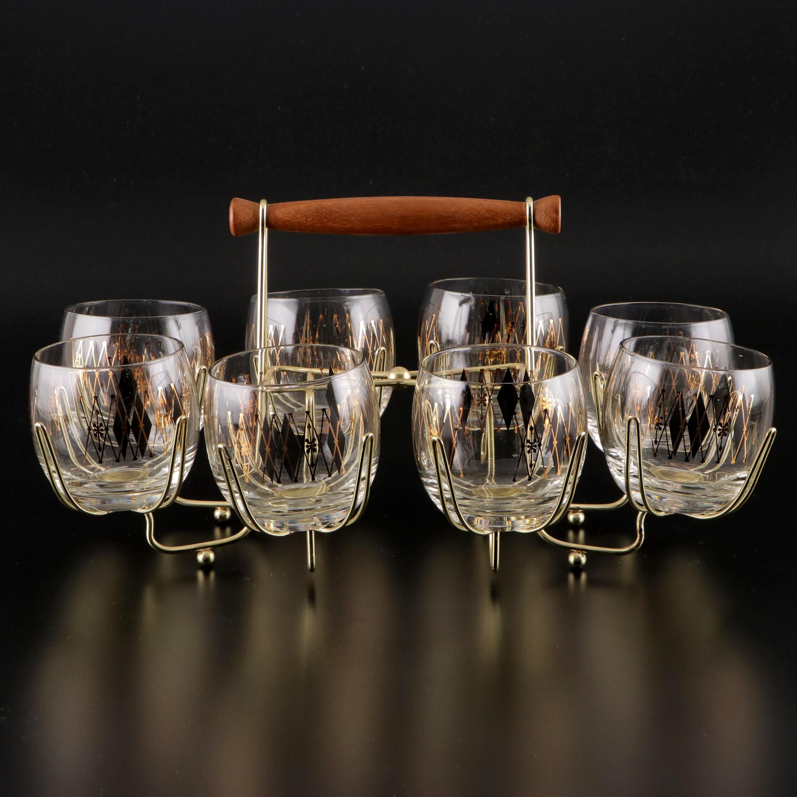 Federal Glass "Harlequin" Roly Poly Glasses with Carrier, Mid-20th Century