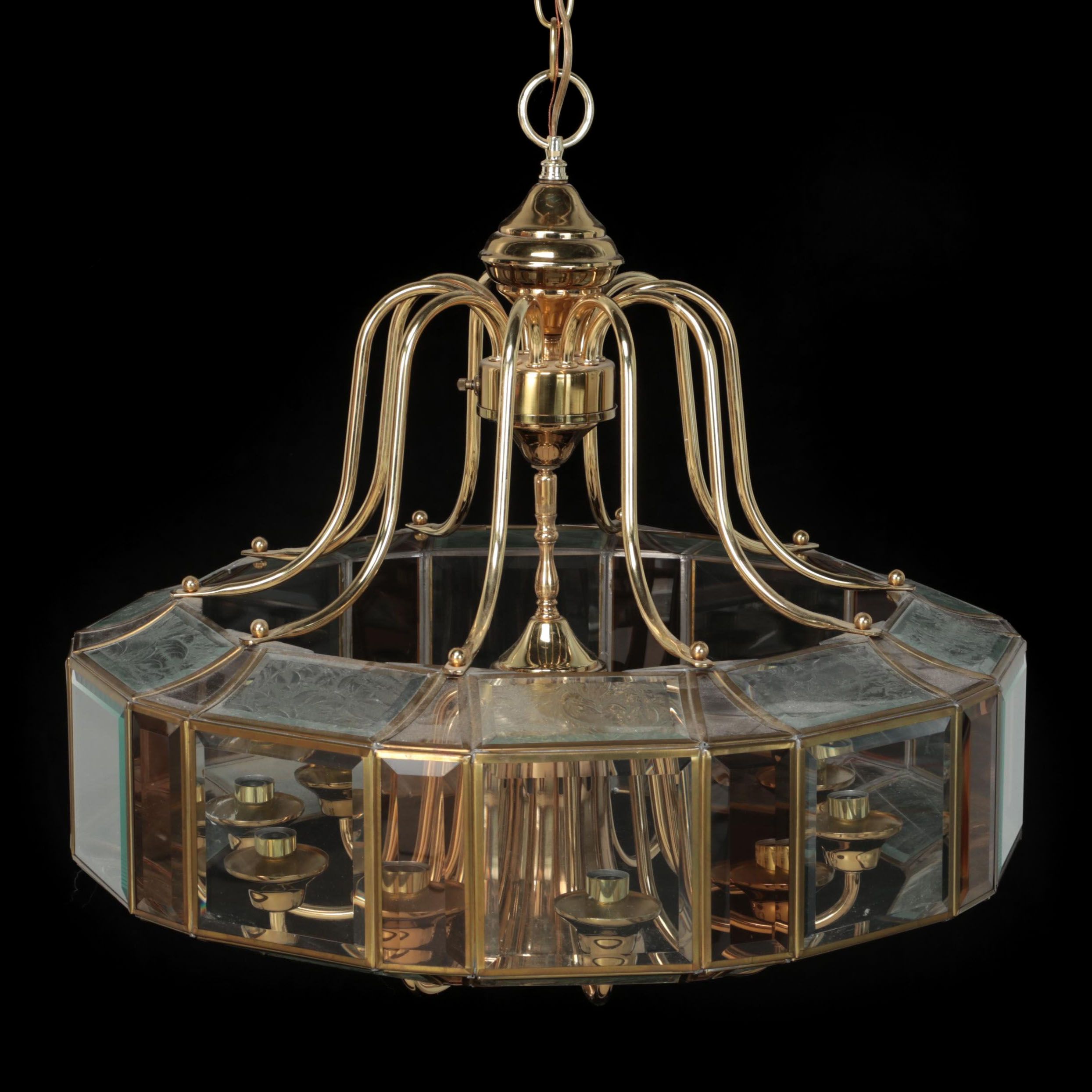 Brass and Beveled Glass Pendant Light, Late 20th Century