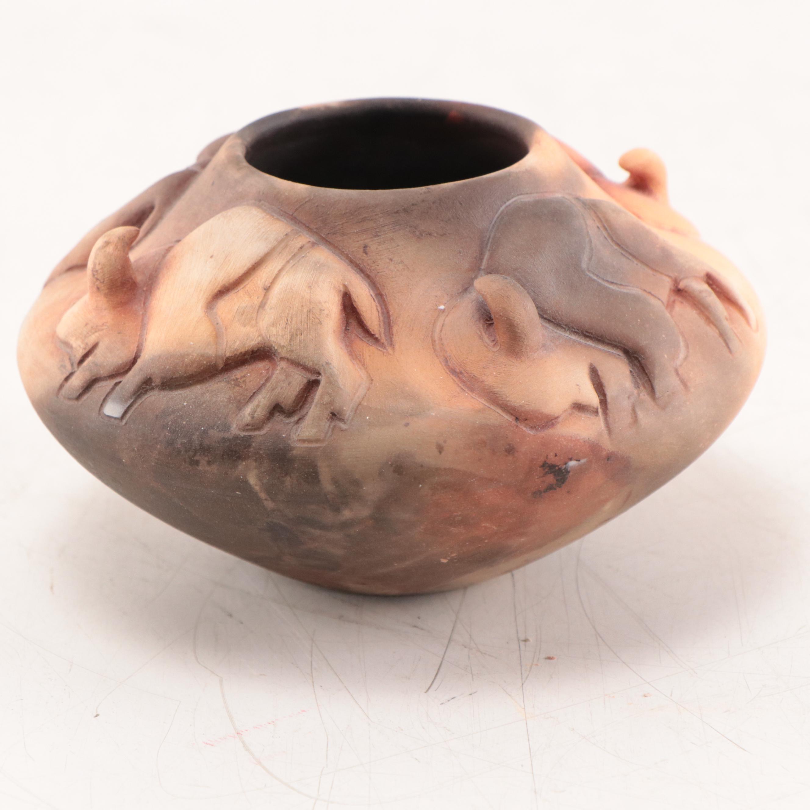 Pahponee Signed Buffalo Motif Raku Pottery Vessel, 2000