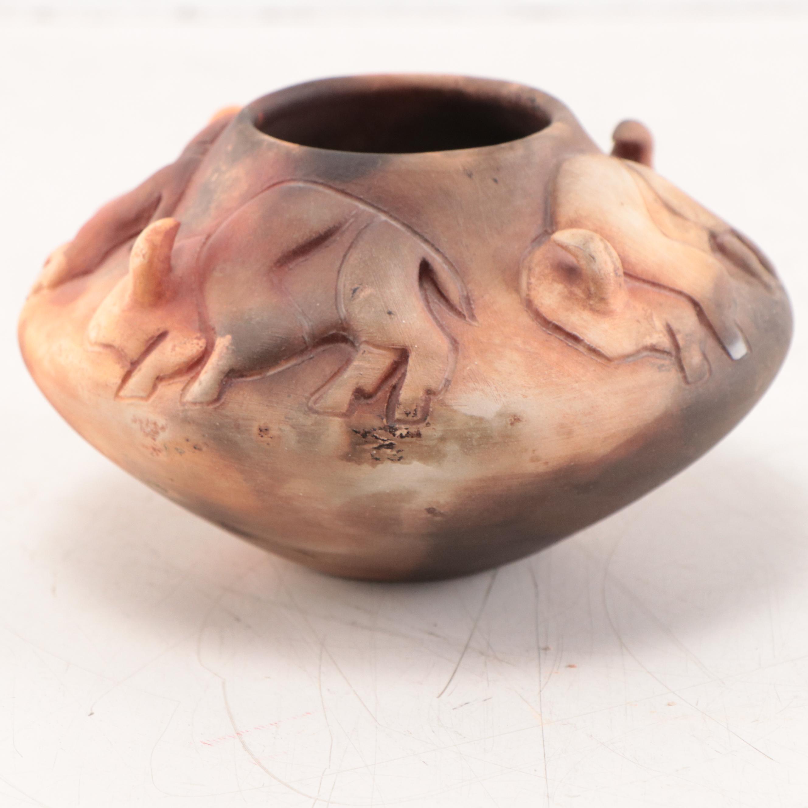 Pahponee Signed Buffalo Motif Raku Pottery Vessel, 2000