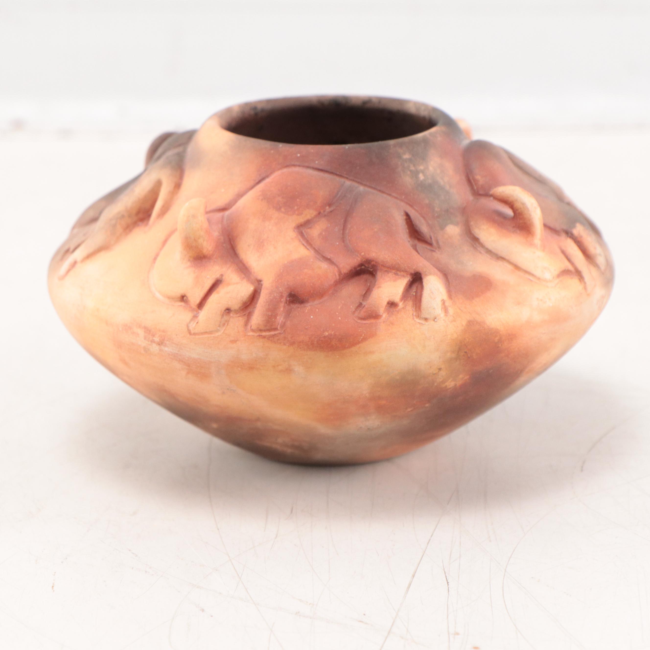 Pahponee Signed Buffalo Motif Raku Pottery Vessel, 2000