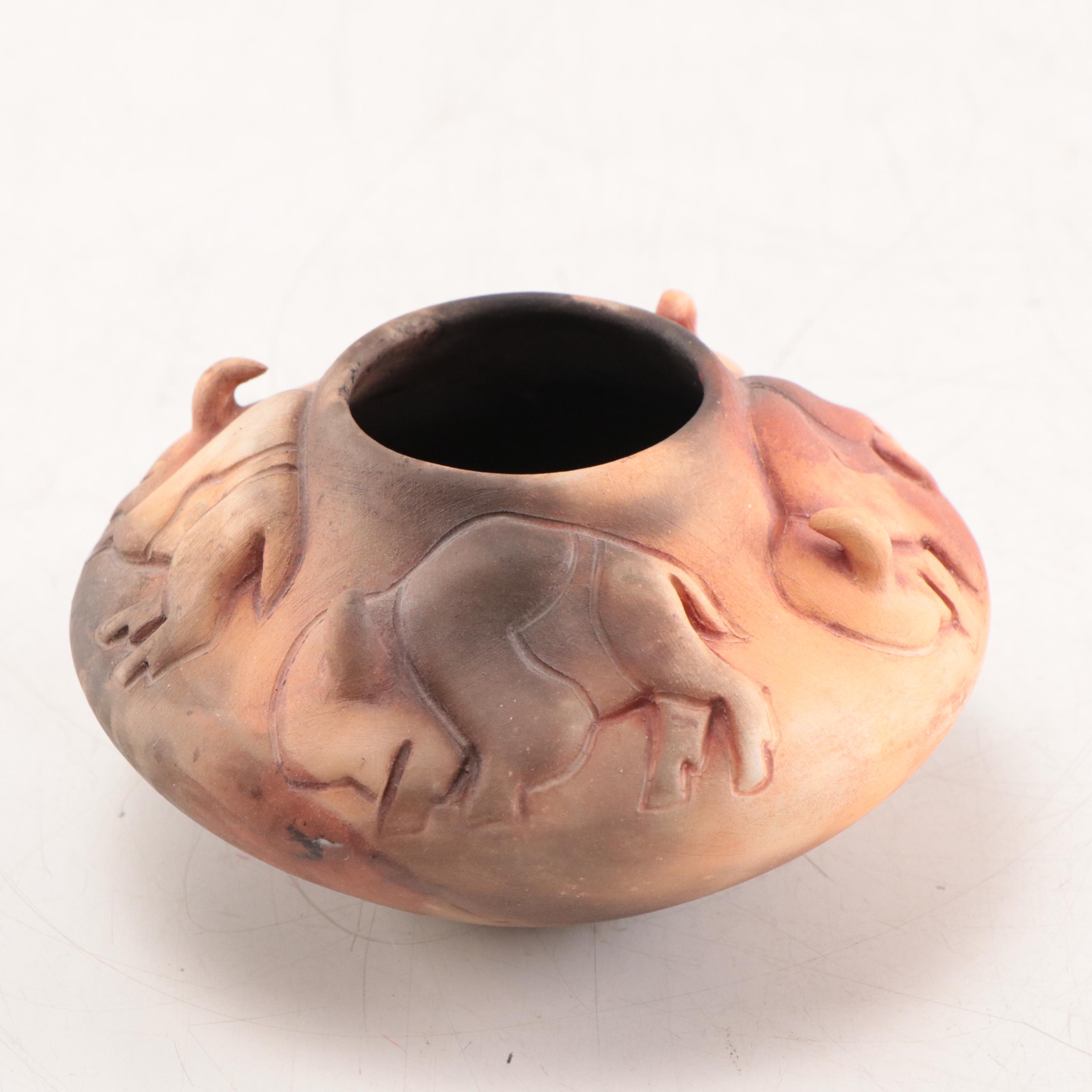 Pahponee Signed Buffalo Motif Raku Pottery Vessel, 2000