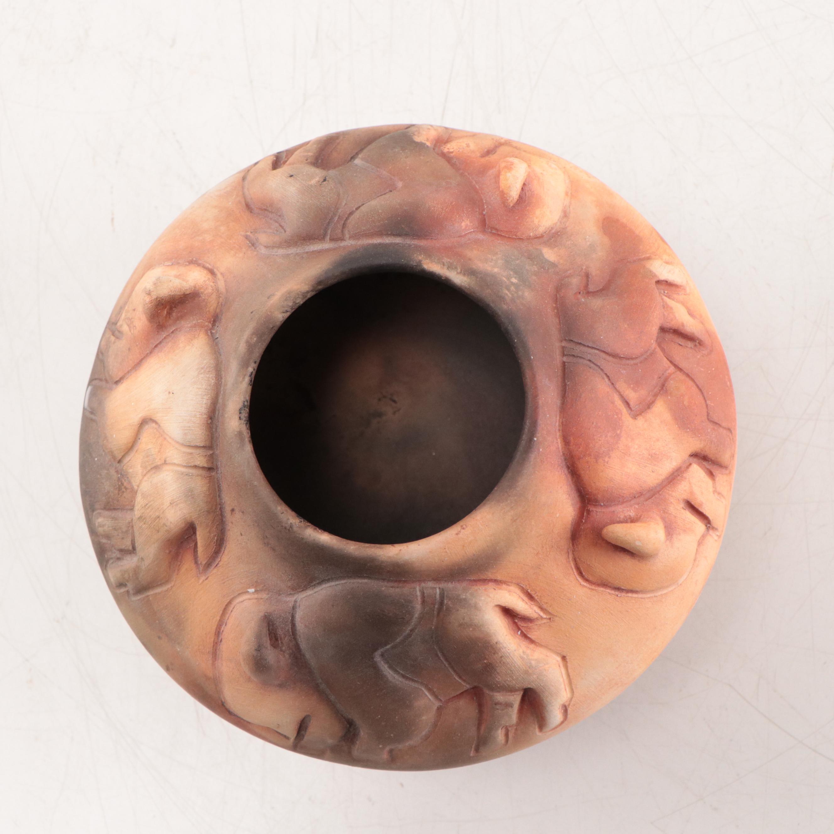 Pahponee Signed Buffalo Motif Raku Pottery Vessel, 2000