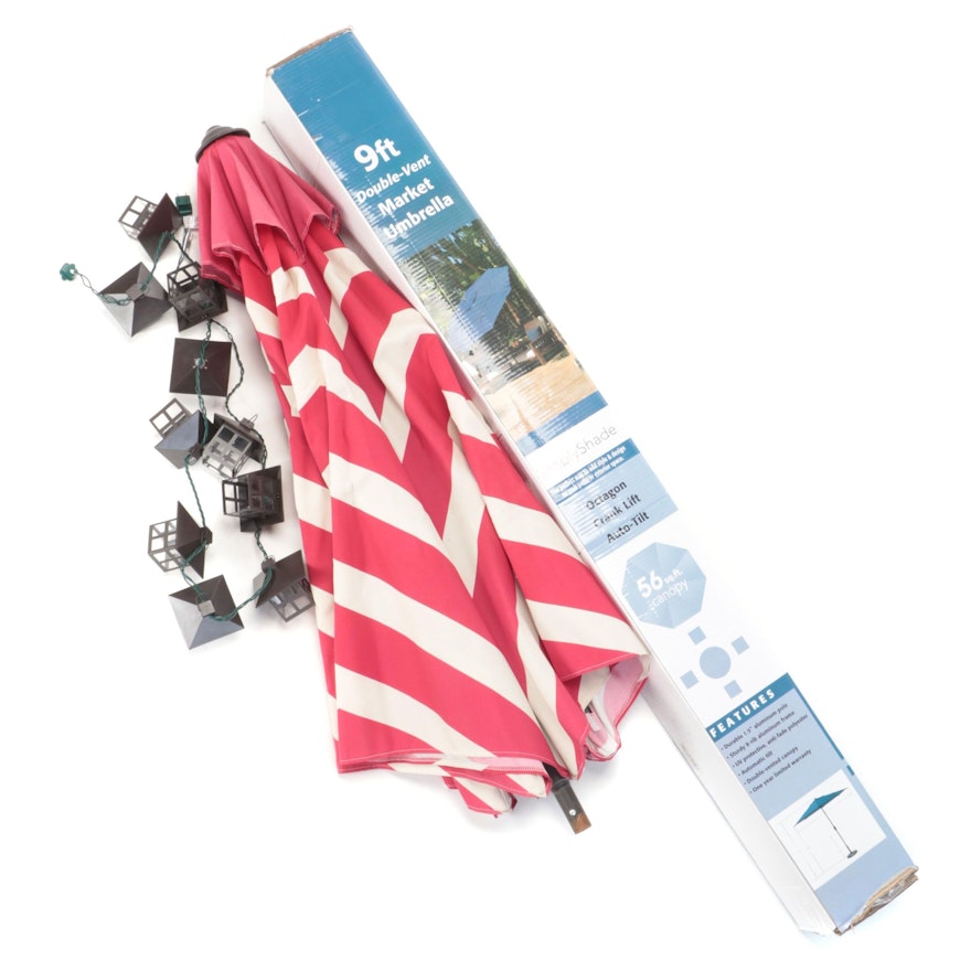 Sonoma Striped 9' Market Umbrella with Outdoor String Lights
