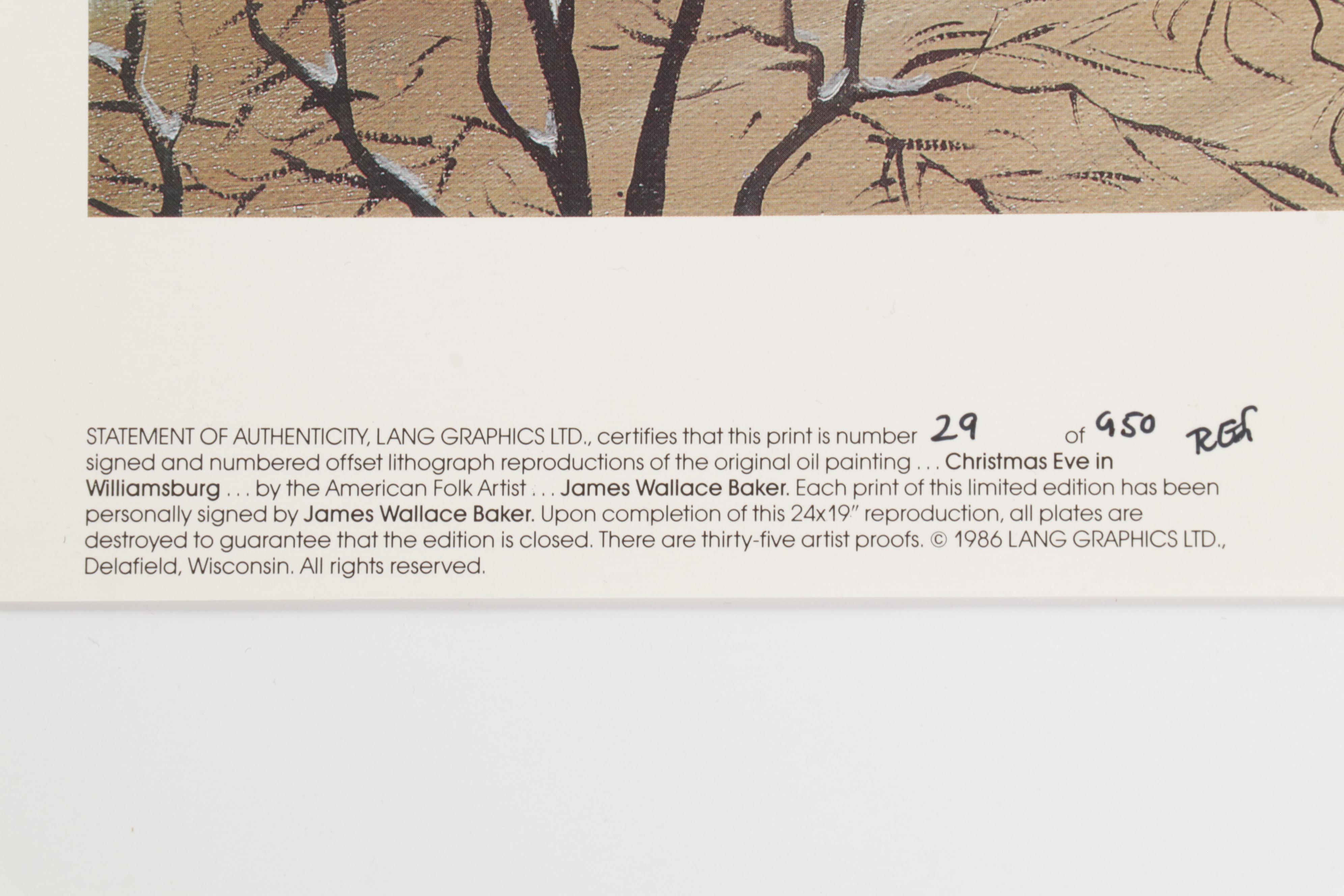 James Wallace Baker Offset Lithograph "Christmas Eve in Williamsburg," 1986