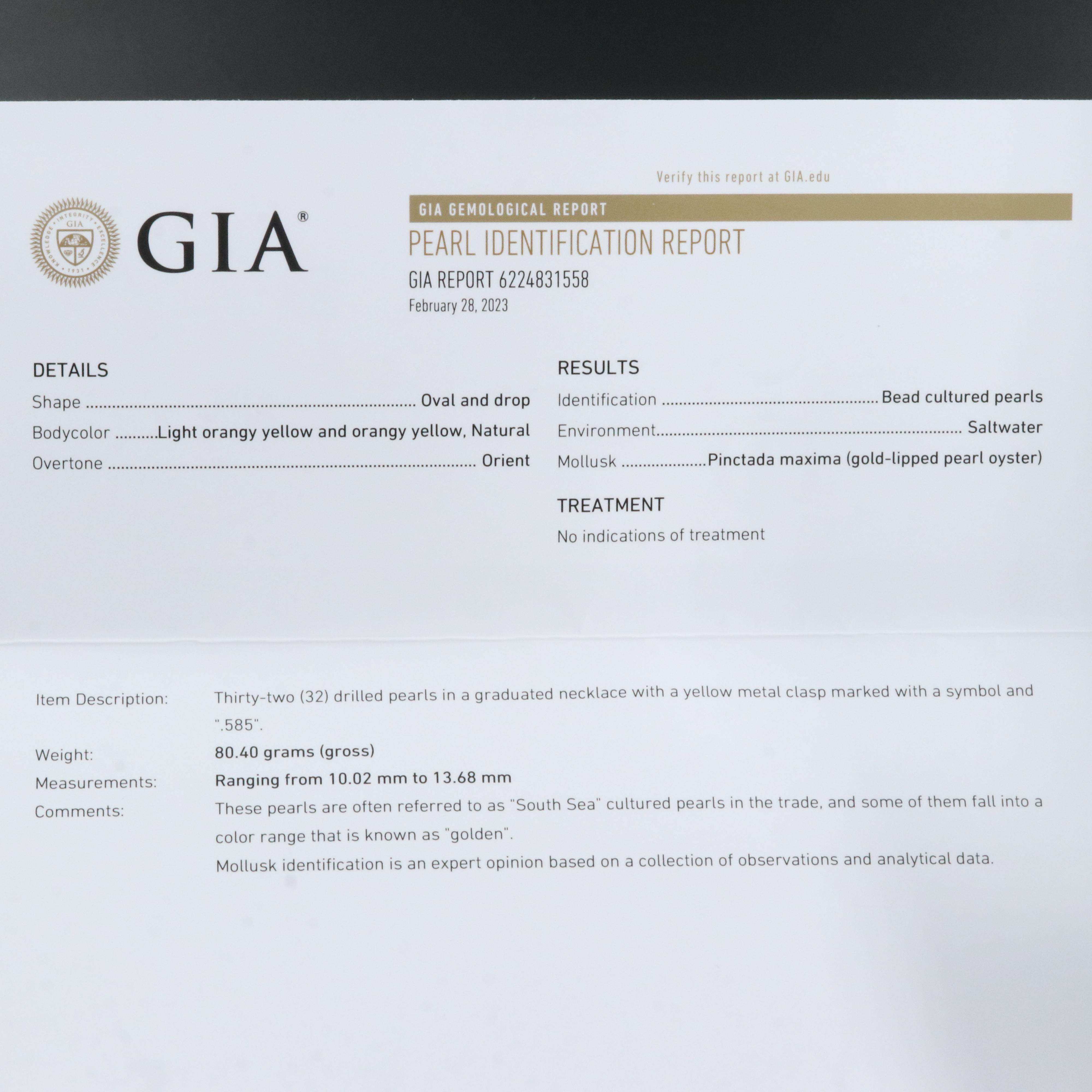 South Sea Pearl Necklace with 14K Clasp and GIA Report