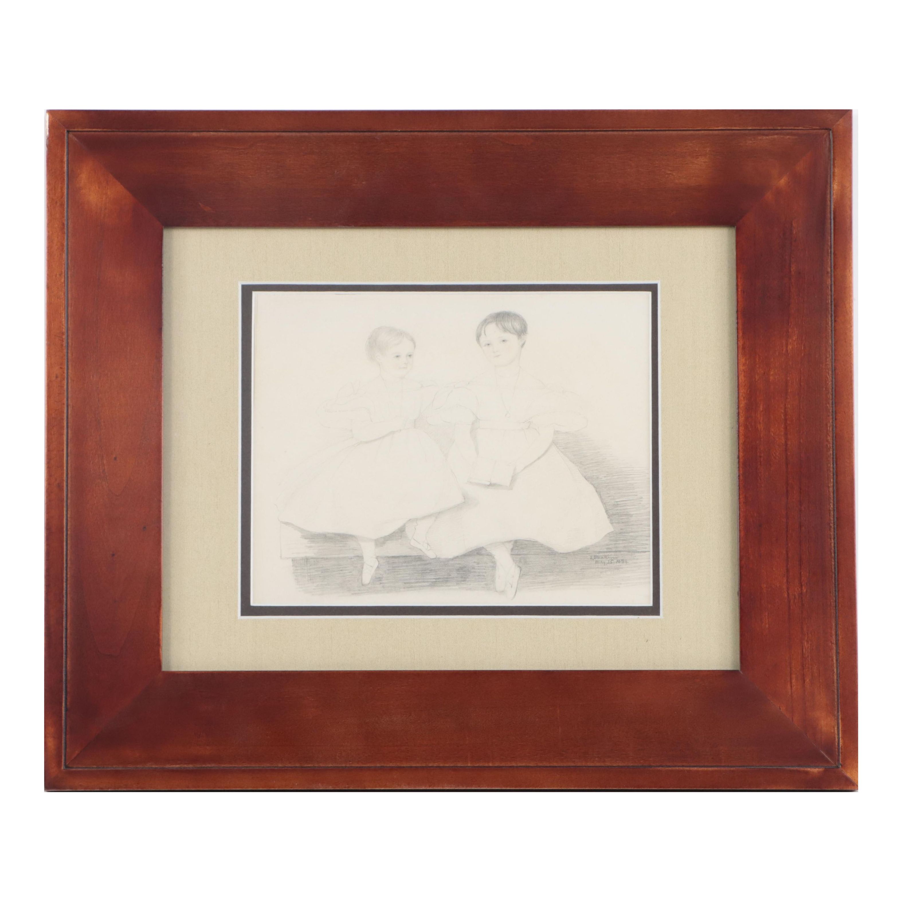 Lewis Henry Meakin Portrait Graphite Drawing of Two Girls, 1884