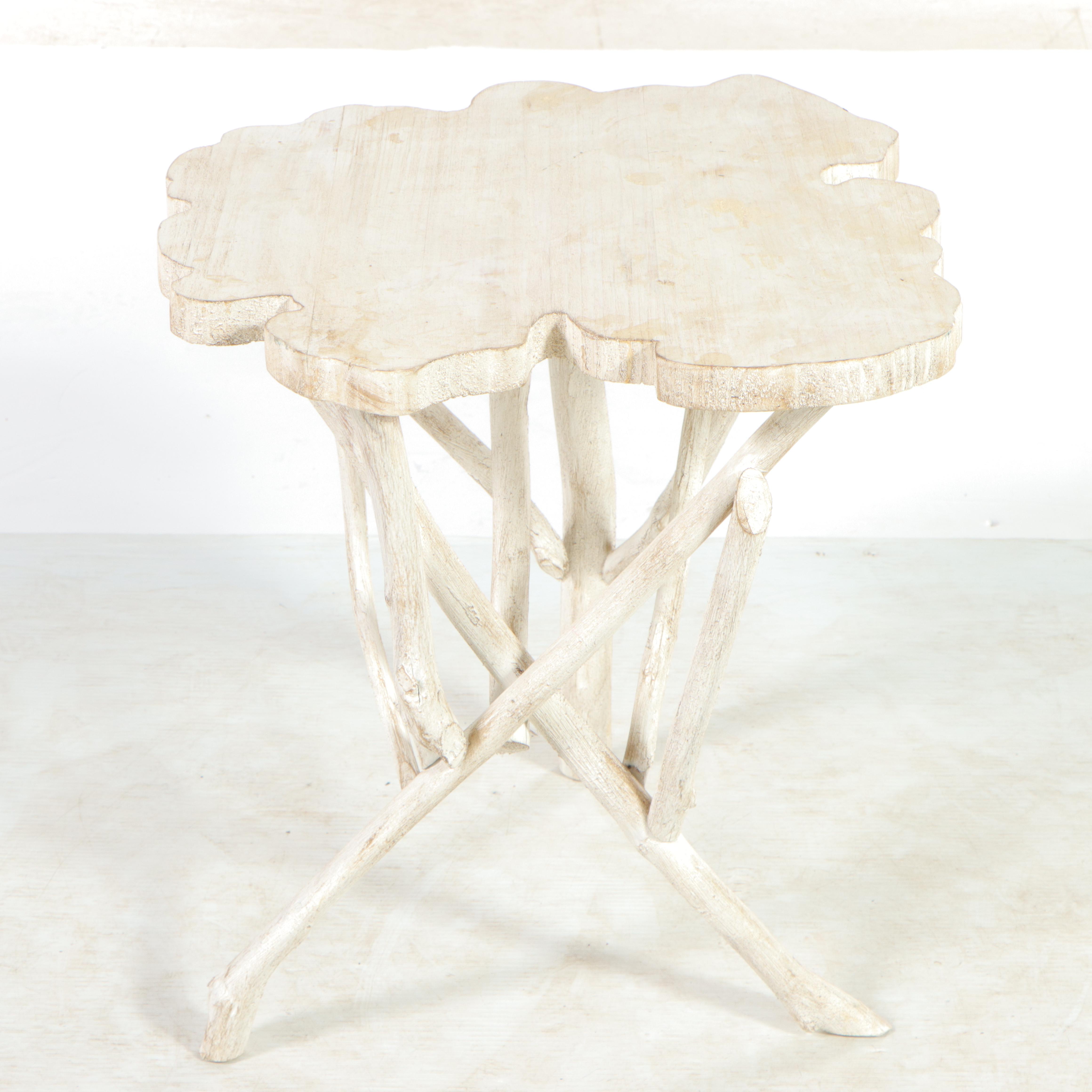 White-Painted Wooden Coffee Table with Stick Legs and Free-Form Top