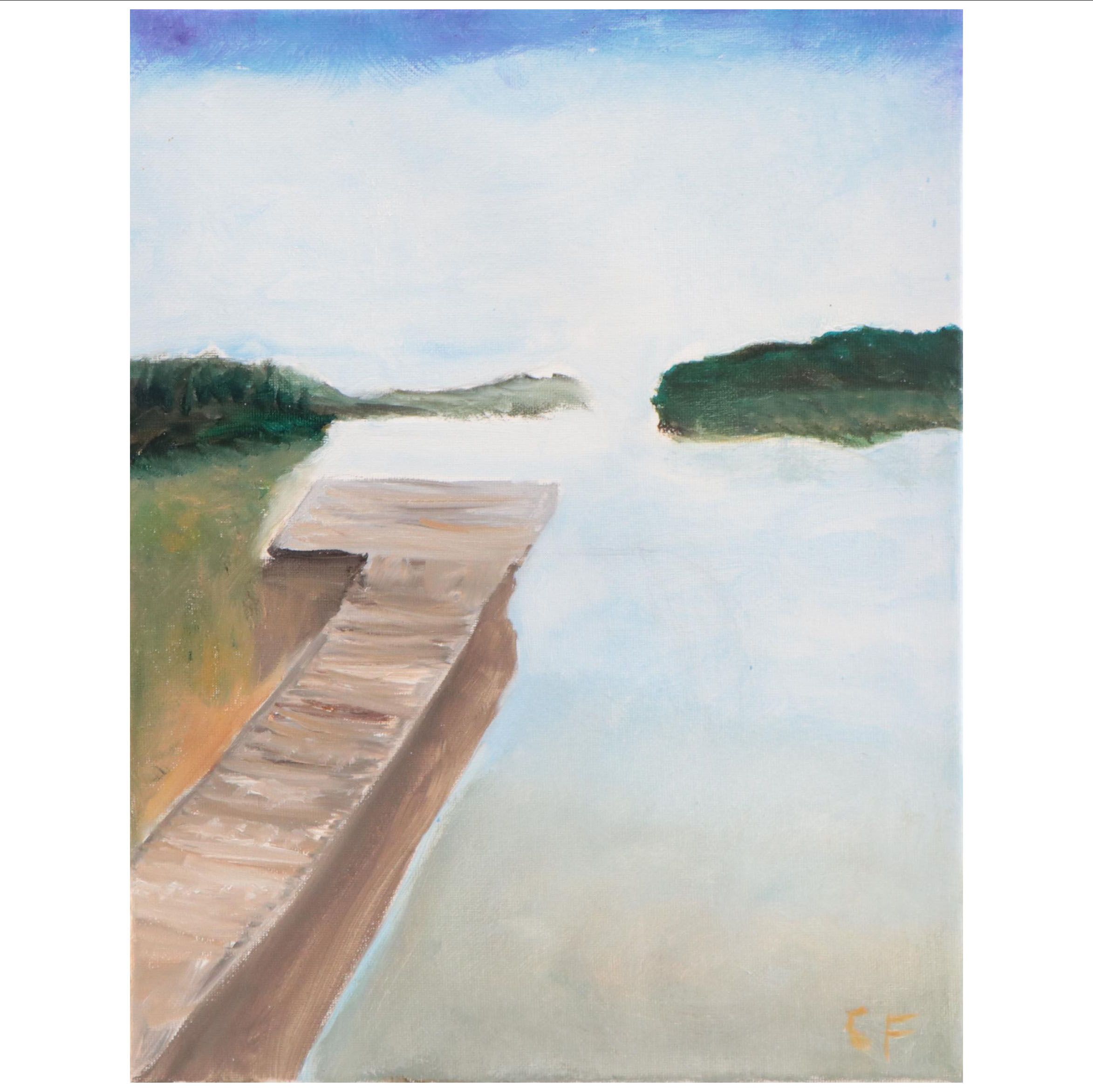 Dock Waterscape Acrylic Painting, 21st Century