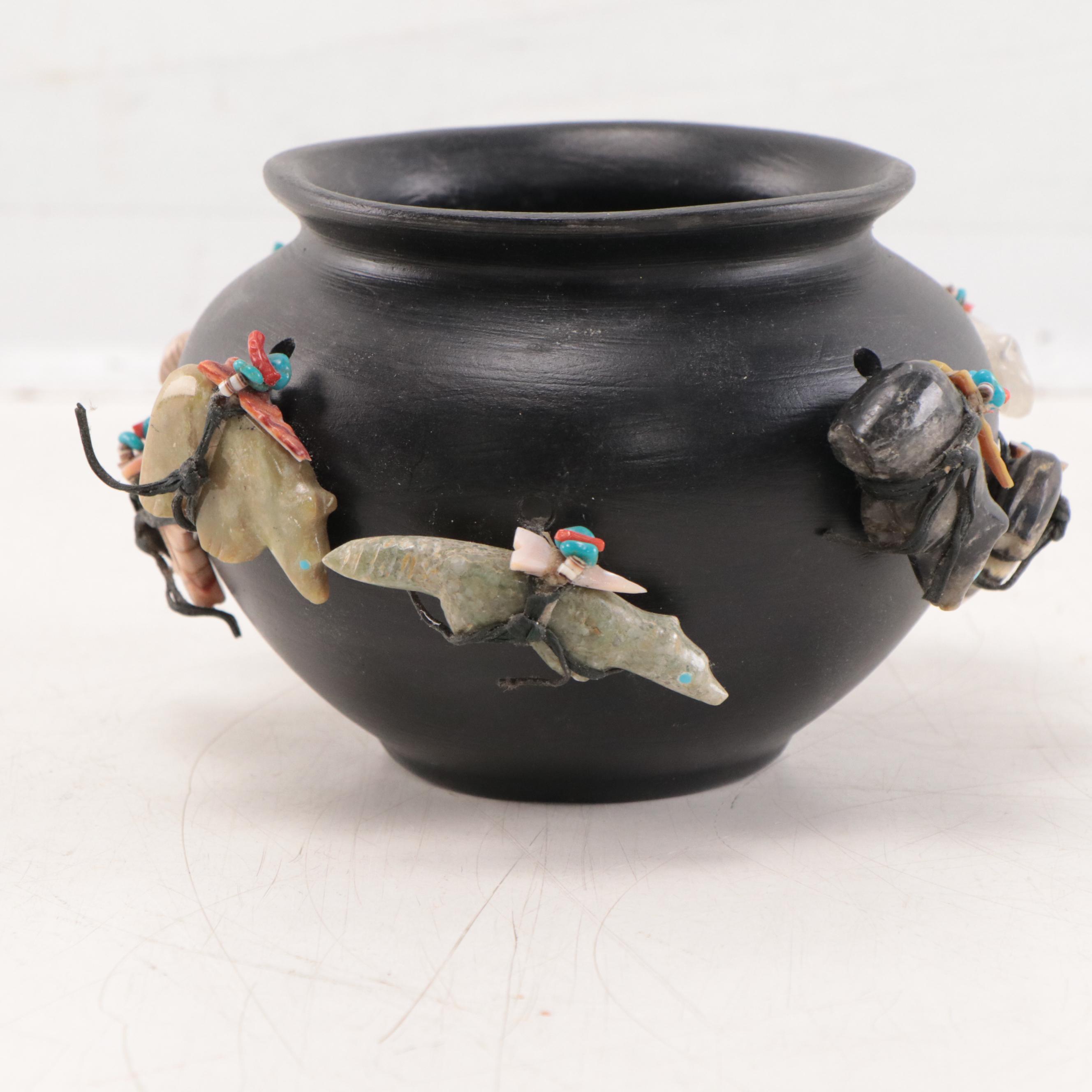 Zuni Hand-Painted Clay Bowl, Abalone, Coral, Stone Fetish Decorations