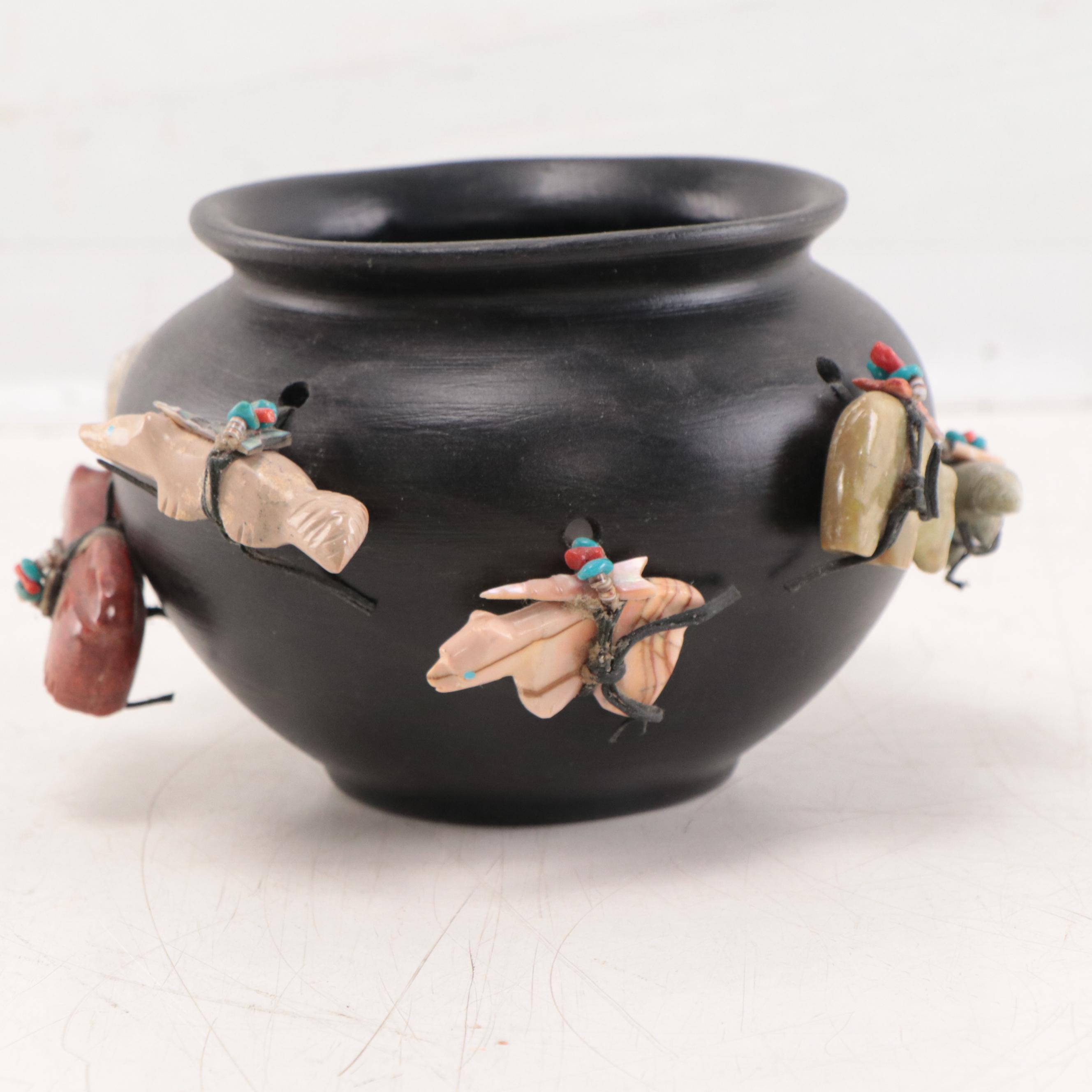Zuni Hand-Painted Clay Bowl, Abalone, Coral, Stone Fetish Decorations