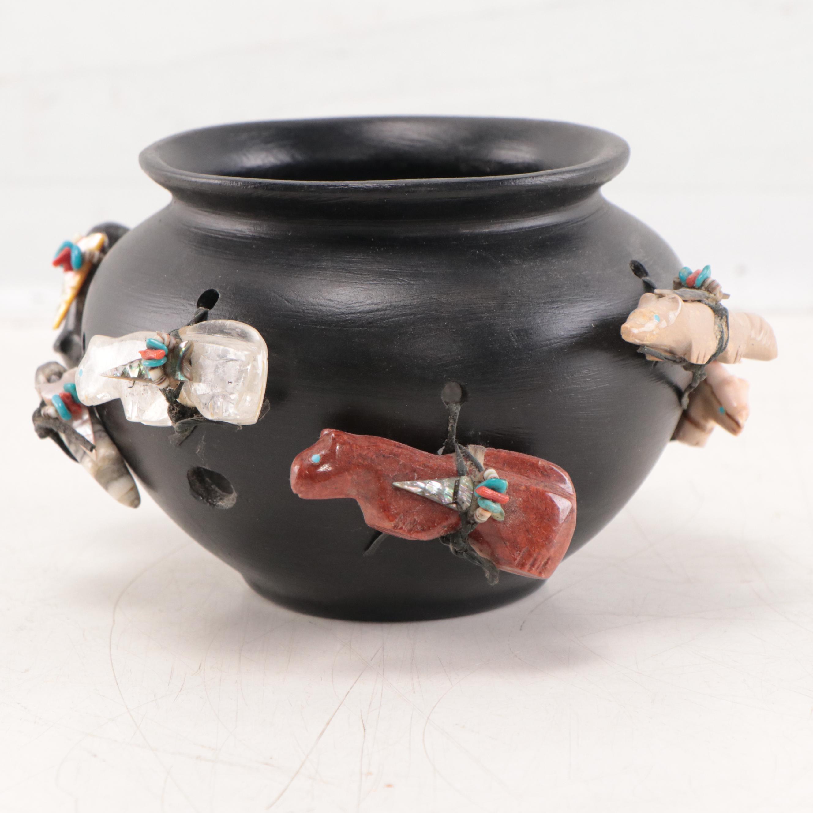 Zuni Hand-Painted Clay Bowl, Abalone, Coral, Stone Fetish Decorations