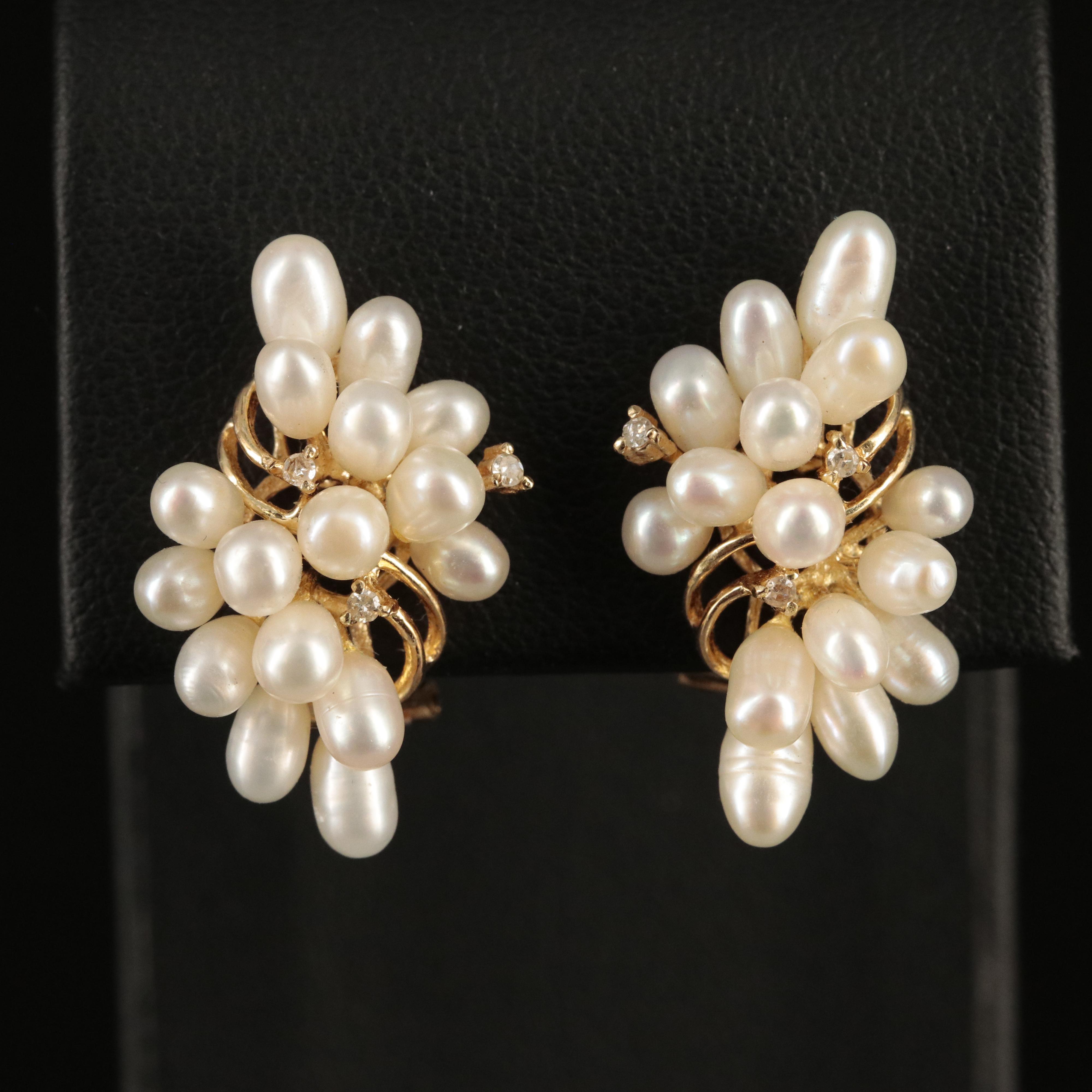 14K Pearl and Diamond Cluster Earrings