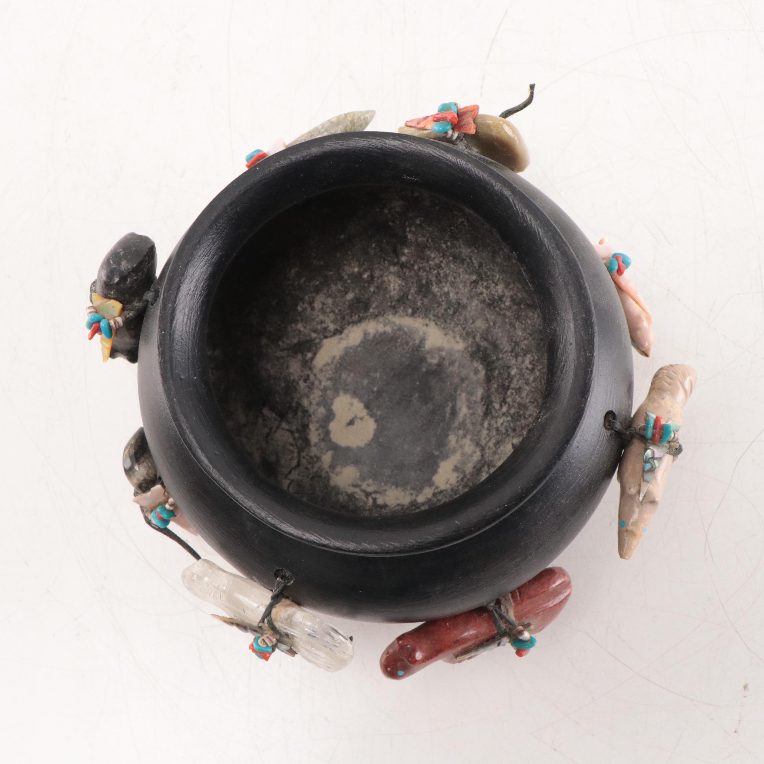 Zuni Hand-Painted Clay Bowl, Abalone, Coral, Stone Fetish Decorations
