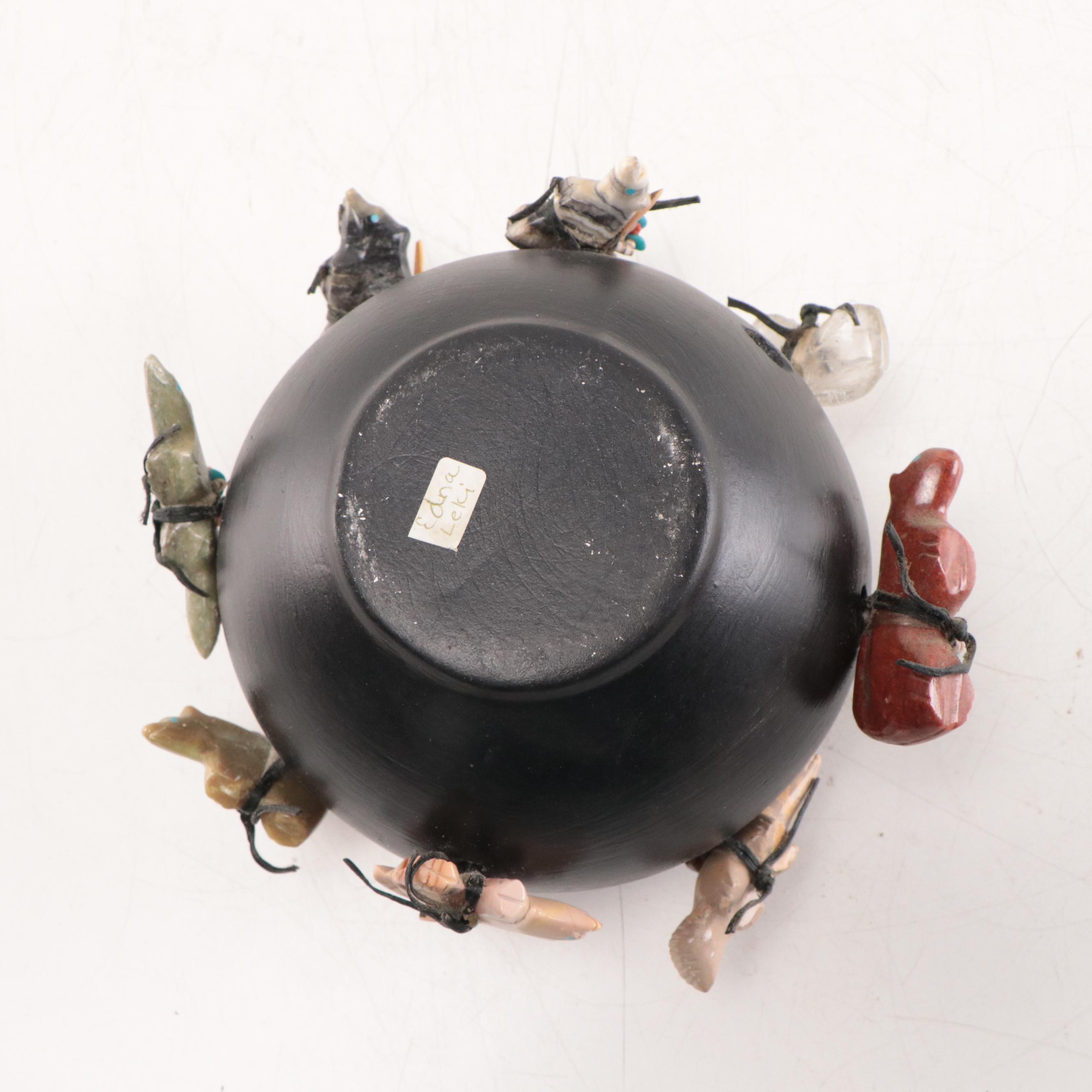 Zuni Hand-Painted Clay Bowl, Abalone, Coral, Stone Fetish Decorations