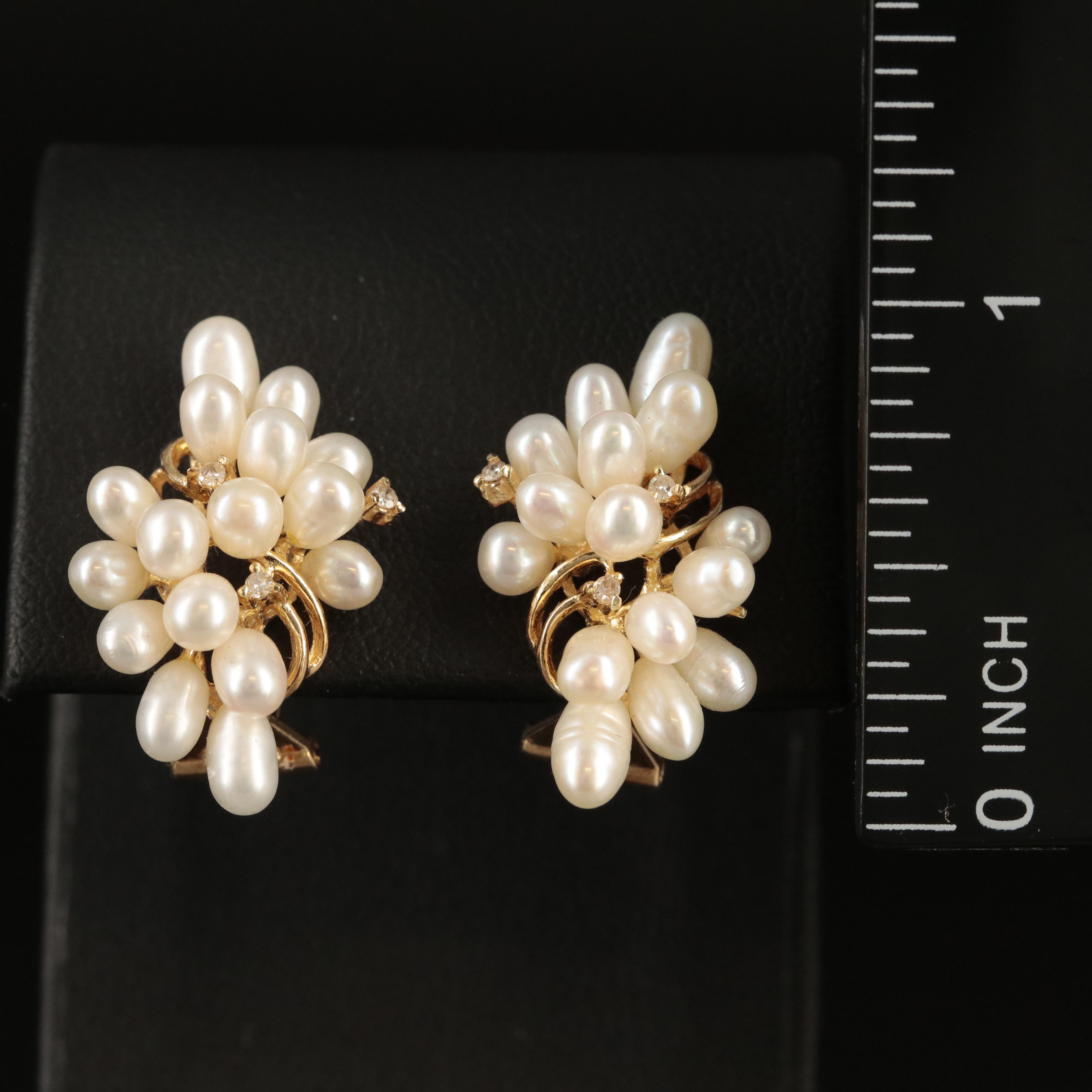 14K Pearl and Diamond Cluster Earrings