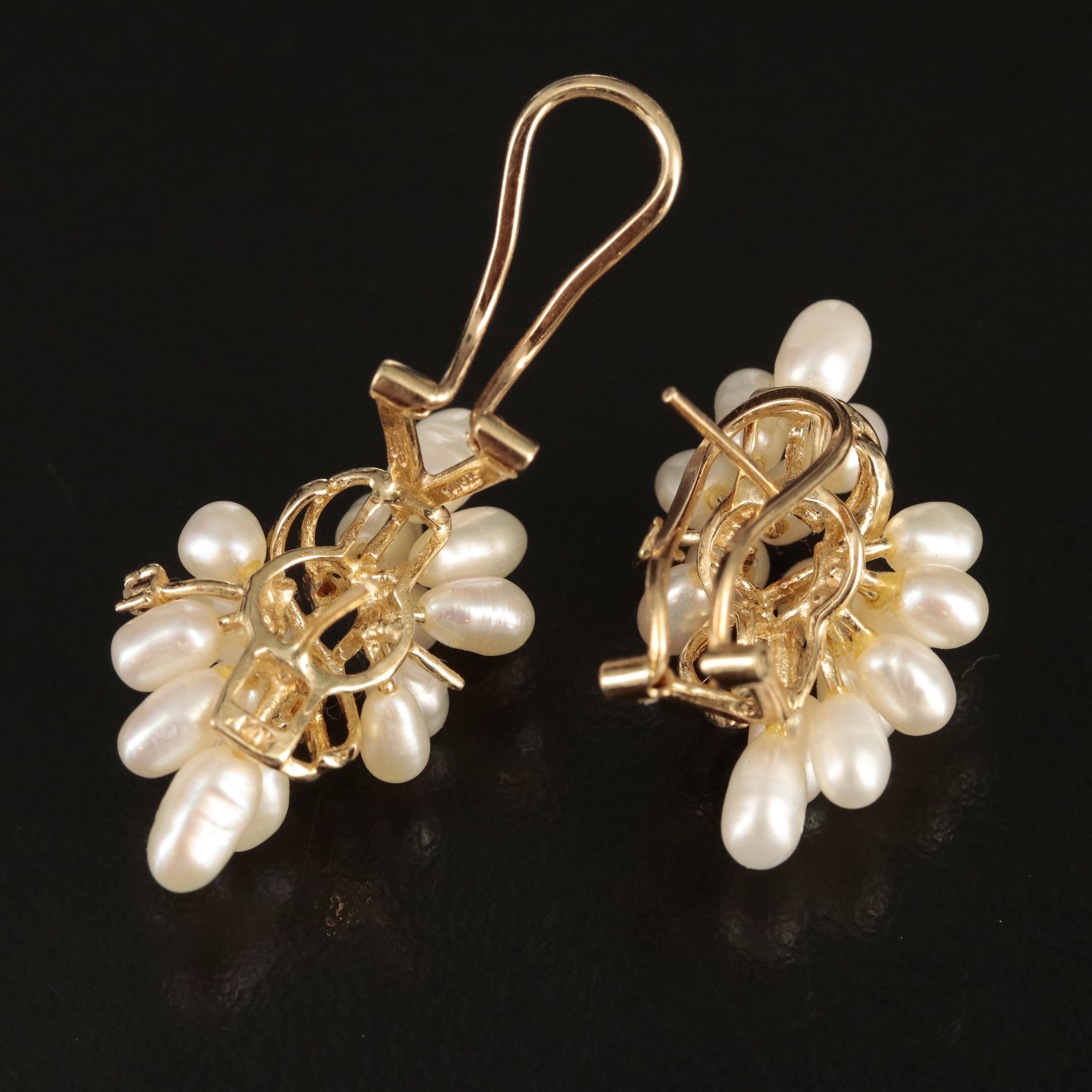 14K Pearl and Diamond Cluster Earrings