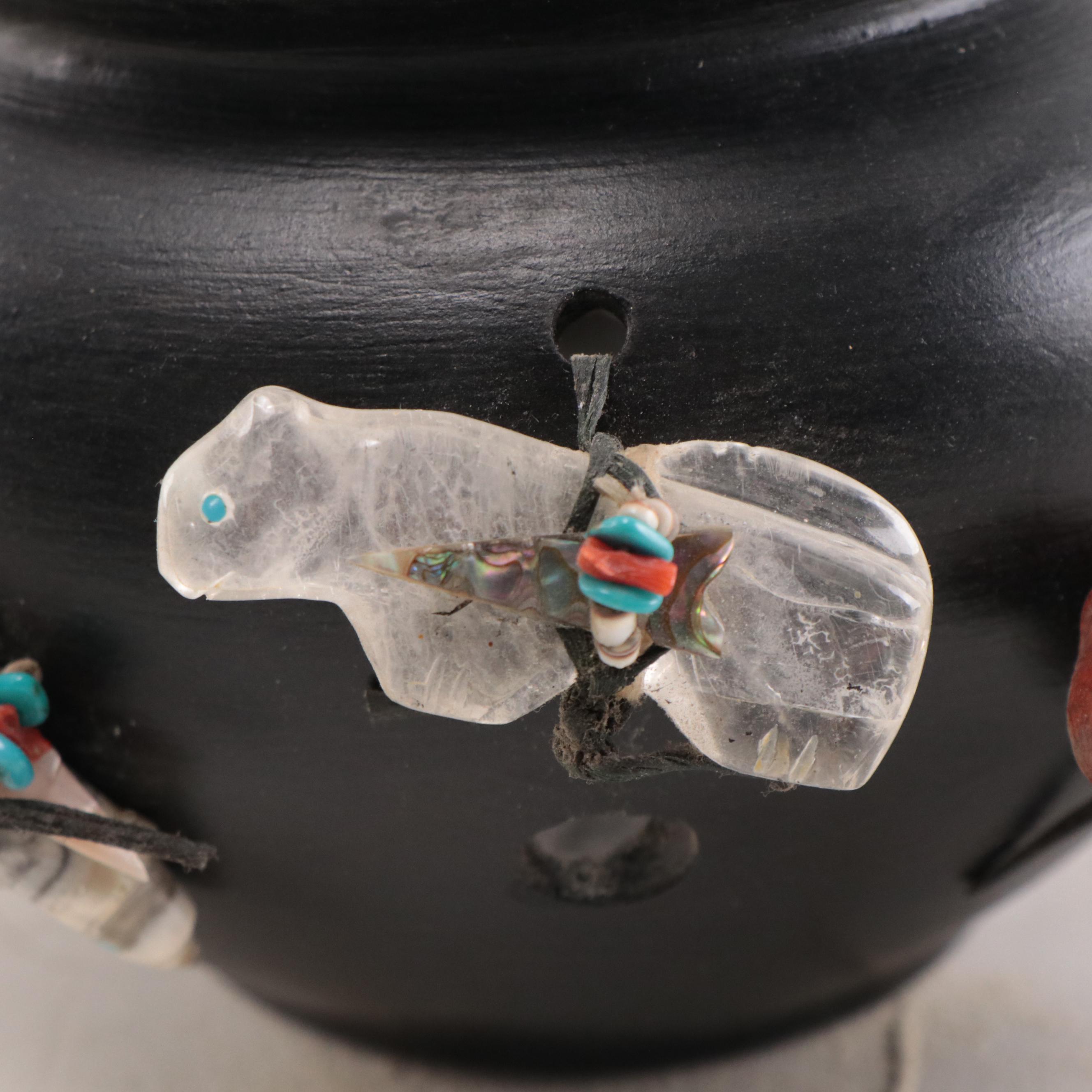 Zuni Hand-Painted Clay Bowl, Abalone, Coral, Stone Fetish Decorations