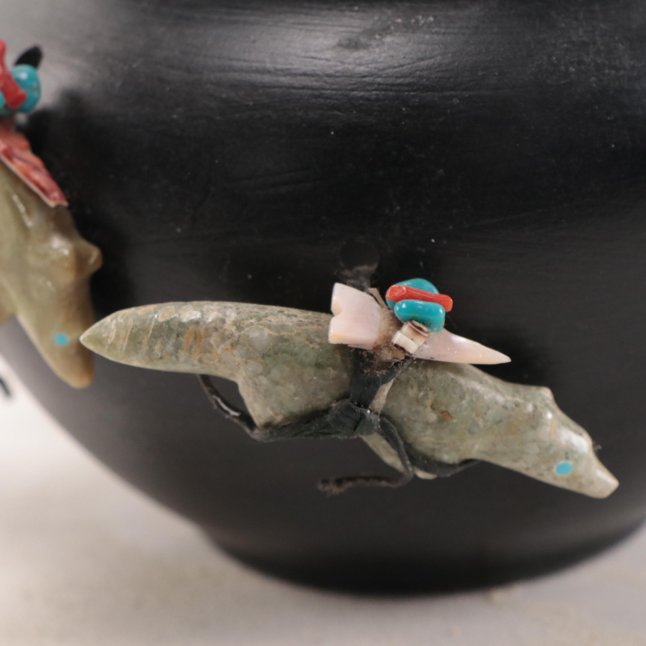Zuni Hand-Painted Clay Bowl, Abalone, Coral, Stone Fetish Decorations