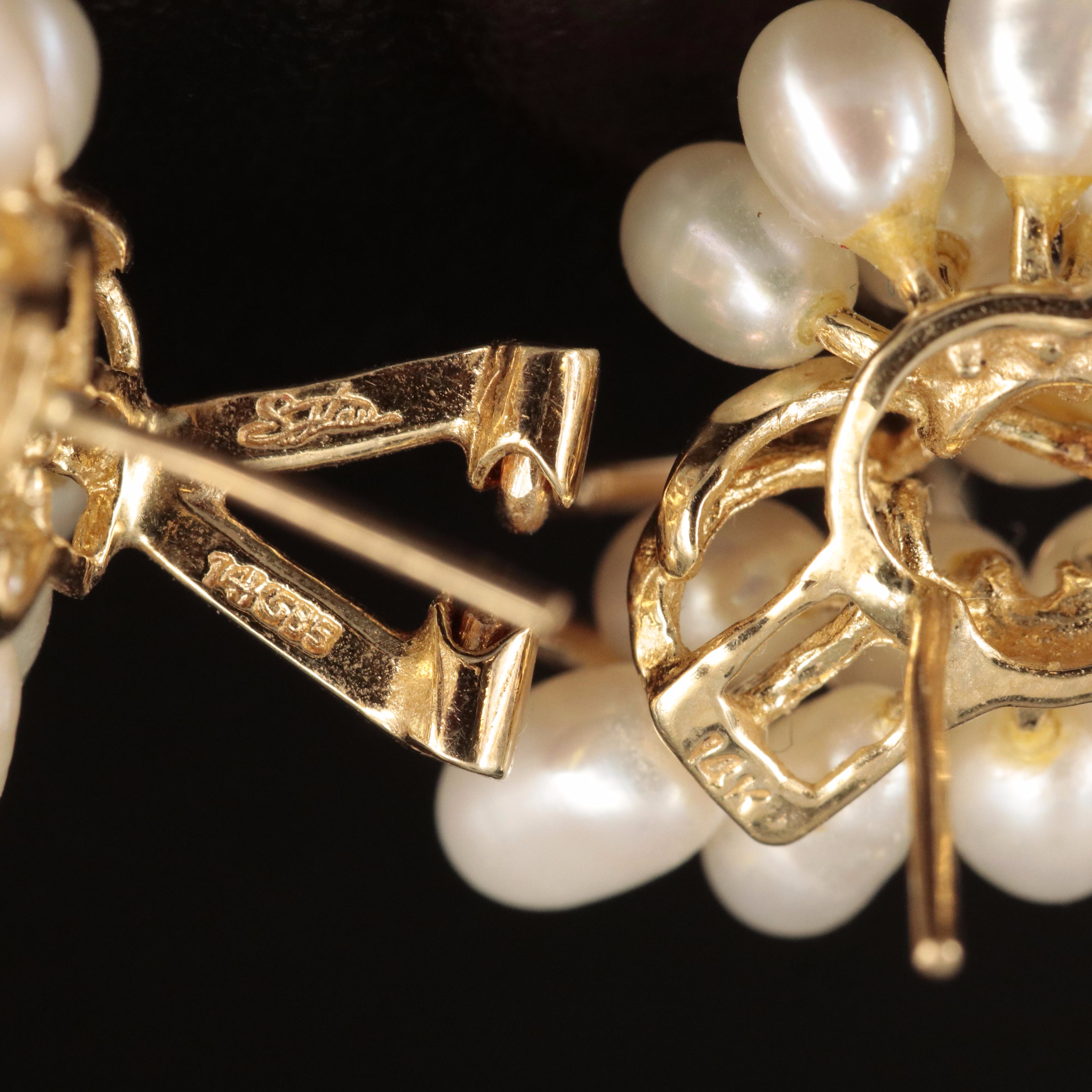 14K Pearl and Diamond Cluster Earrings