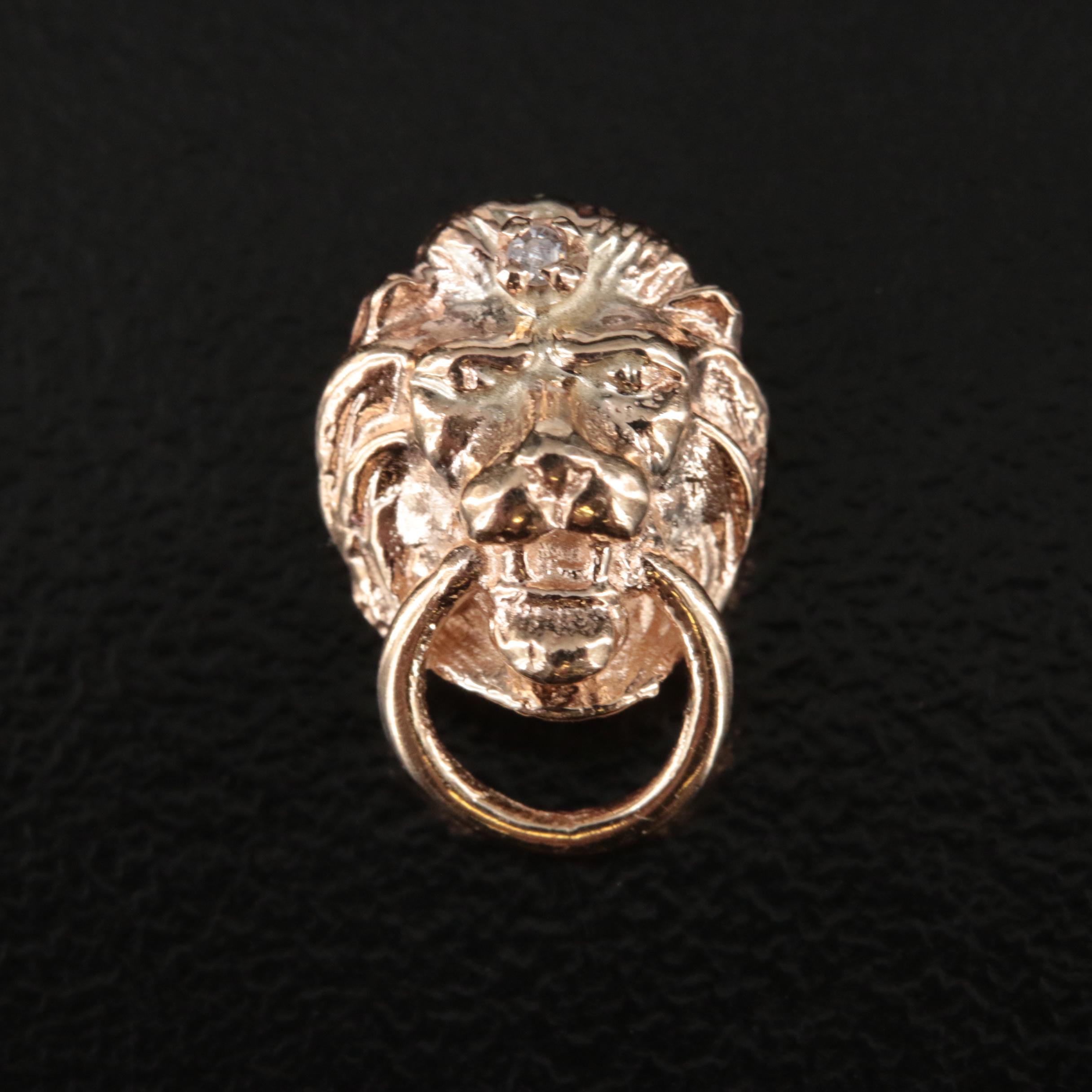 14K 0.01 CT Diamond Lion Head Door Knocker Pendant