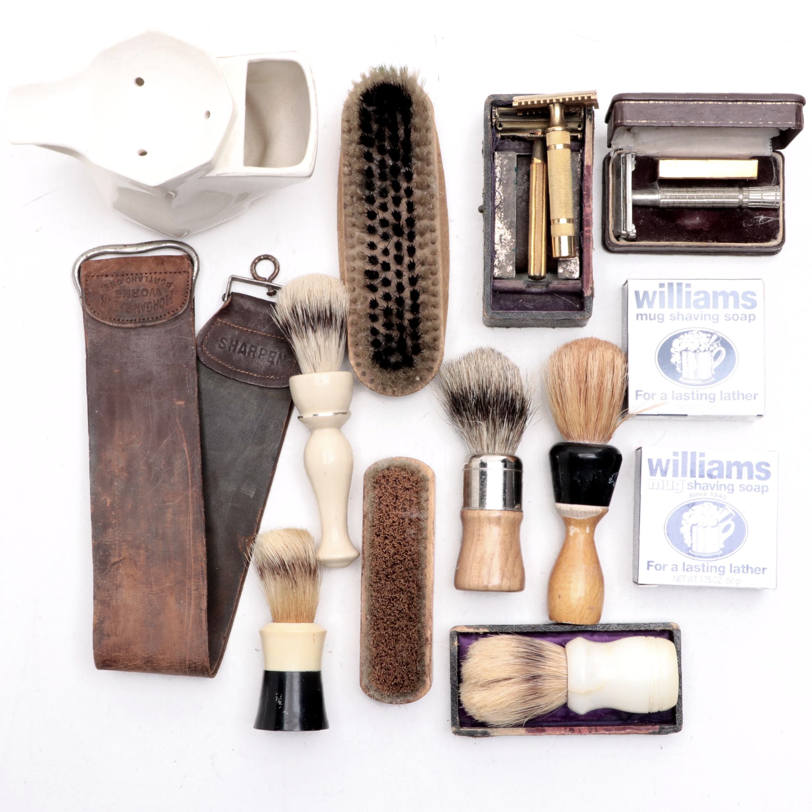 Lancasters Earthenware Shaving Mug with Other Razors and Grooming Tools