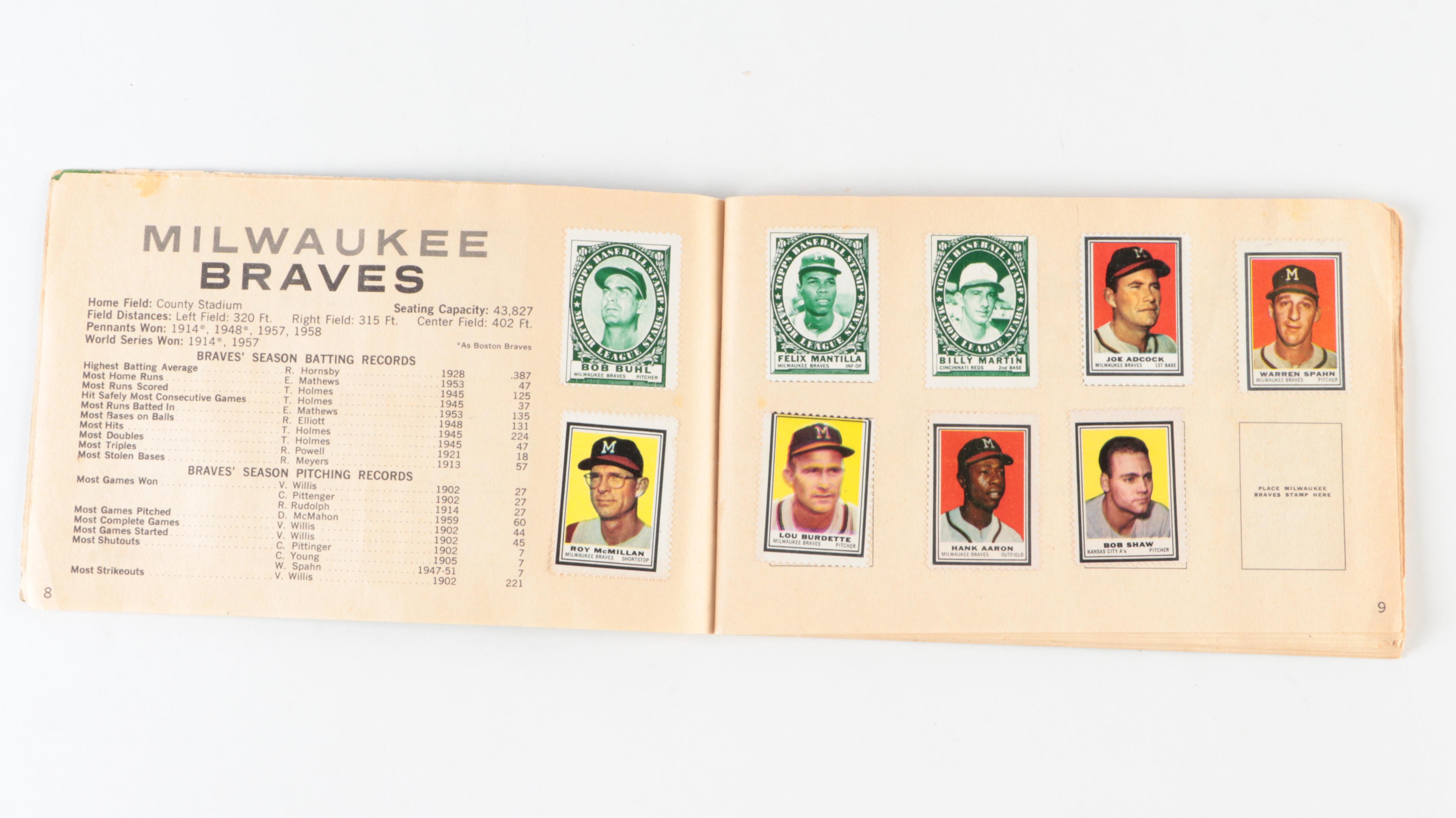 Topps Baseball Stamps and Hobby Card Albums with Mays, Aaron, More, 1960s–1970s