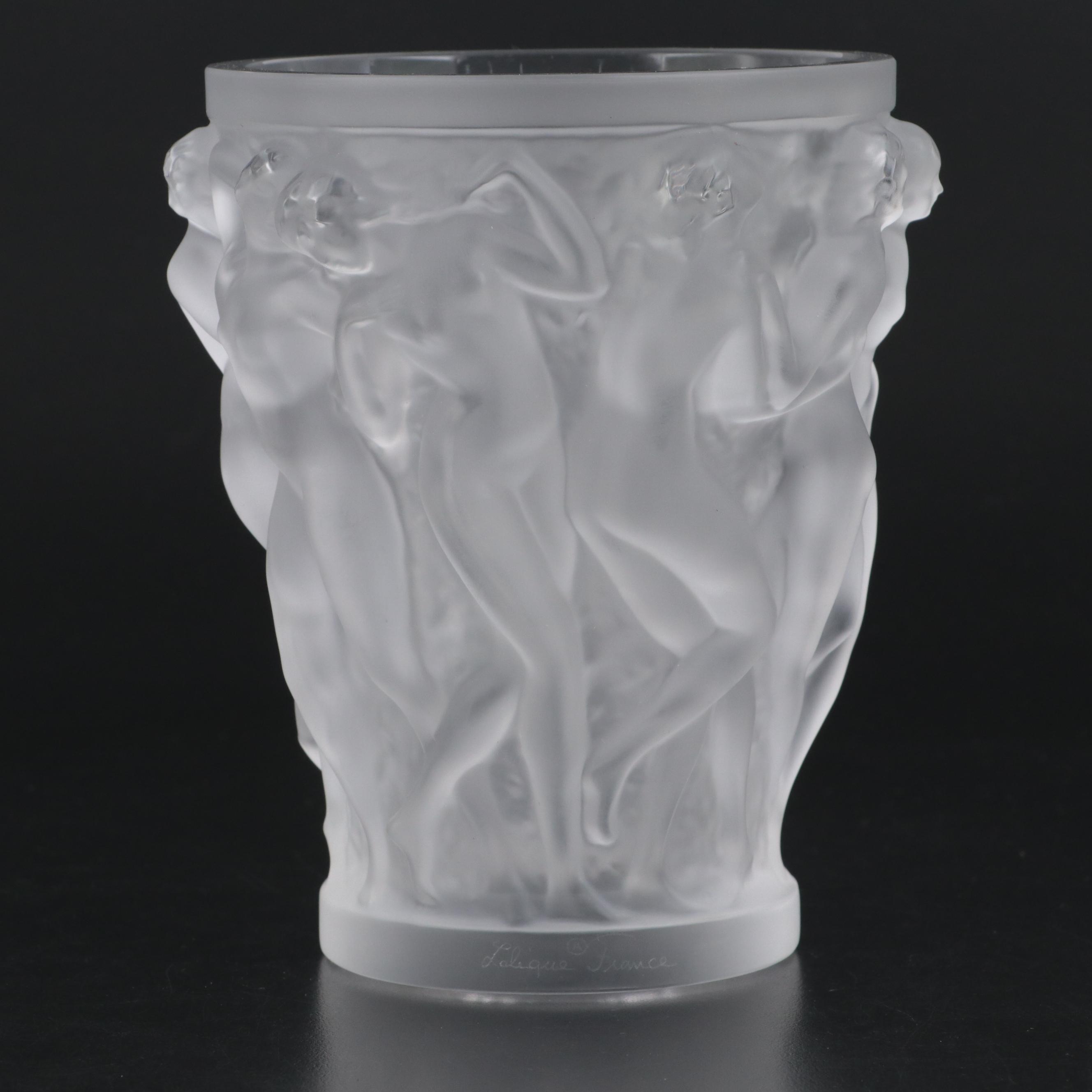Lalique "Bacchantes" Frosted Crystal Flower Vase, Late 20th Century