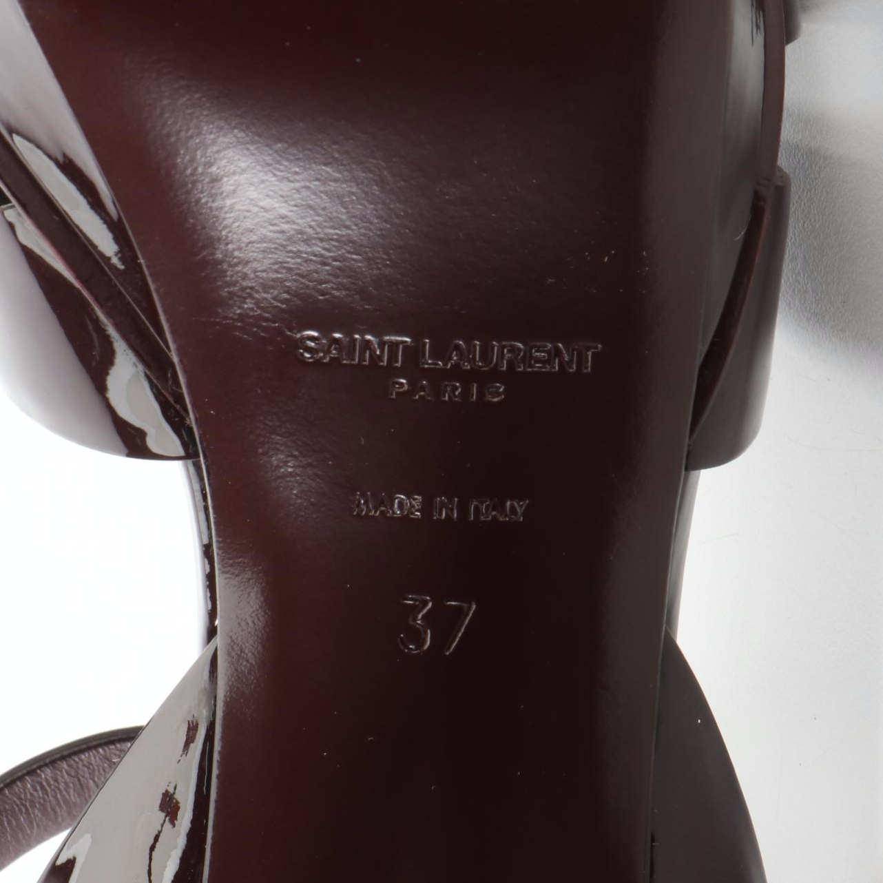 Saint Laurent Tribute 75 T-Strap Platform Sandals in Amaranto Patent Leather