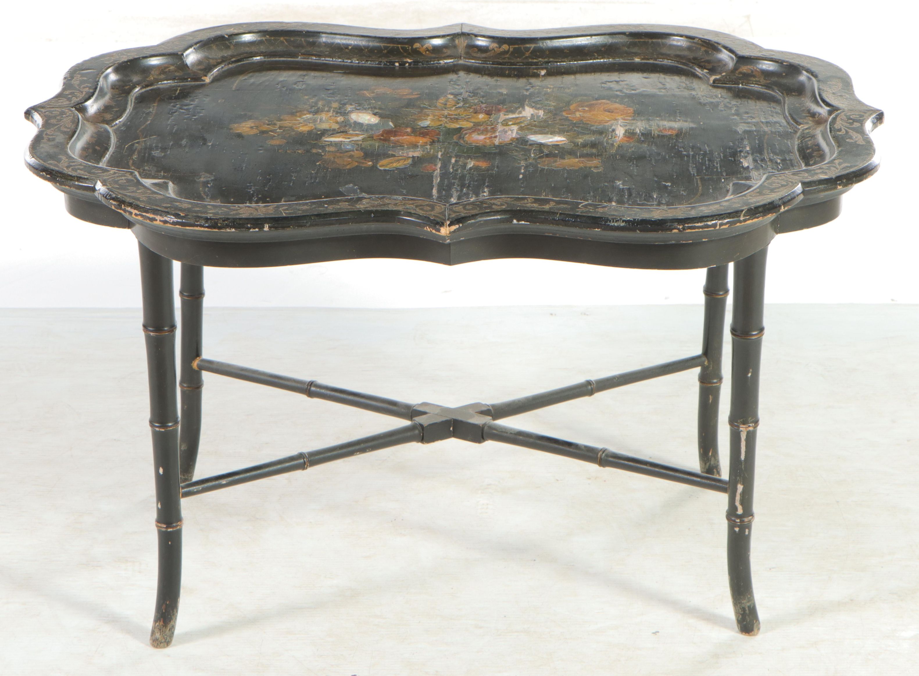 Victorian Papier-mâché Tray on Stand Coffee Table, 19th Century and Adapted