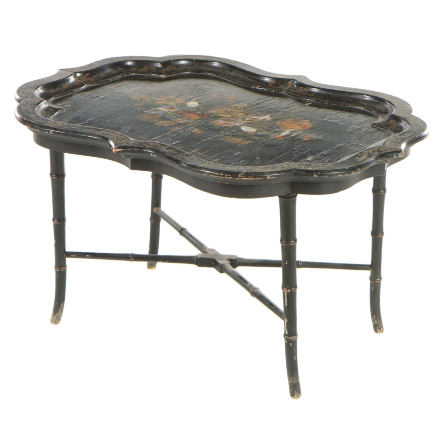 Victorian Papier-mâché Tray on Stand Coffee Table, 19th Century and Adapted