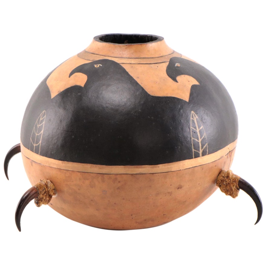 Hand-Painted Carved Gourd Vessel "Eagle," Late 20th Century