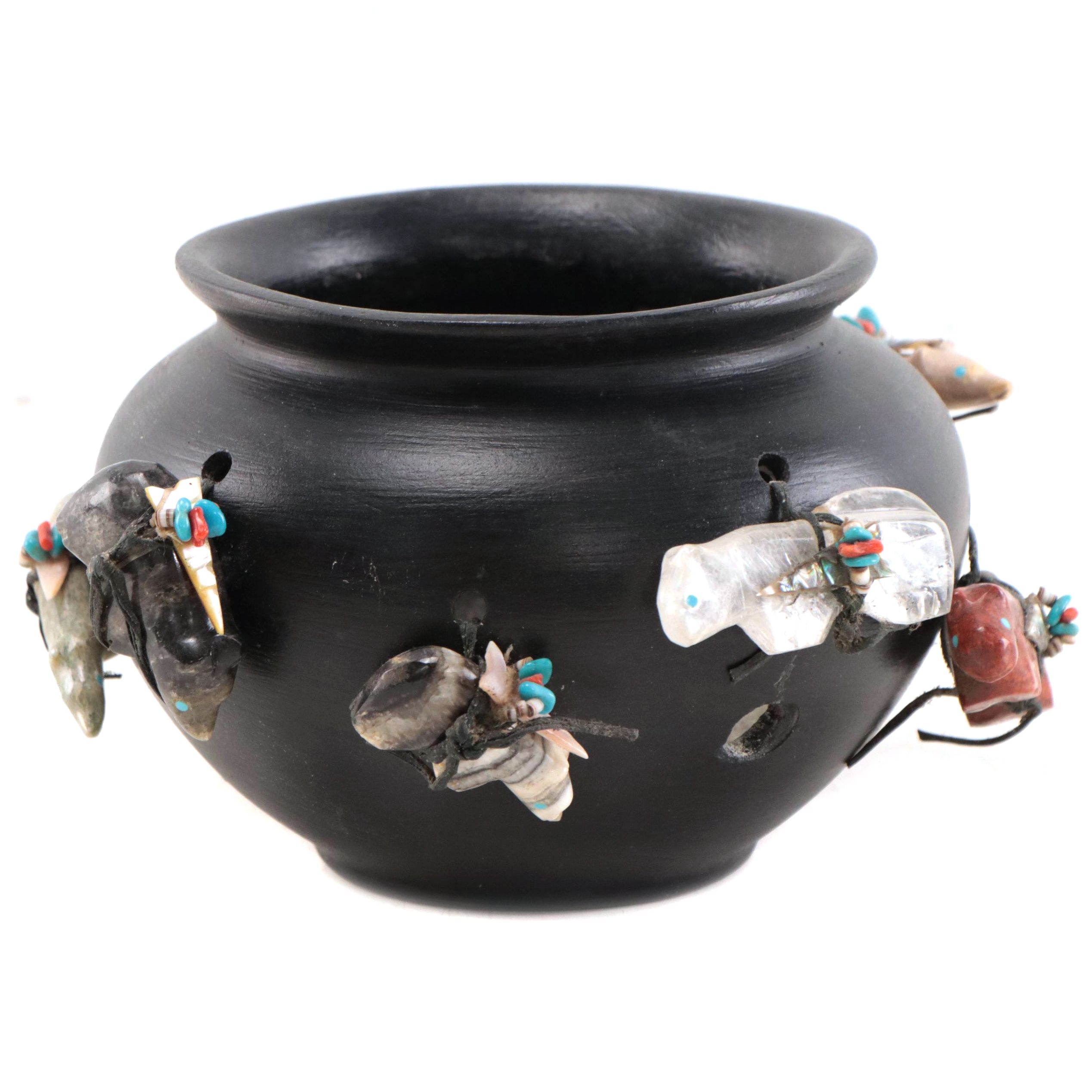 Zuni Hand-Painted Clay Bowl, Abalone, Coral, Stone Fetish Decorations