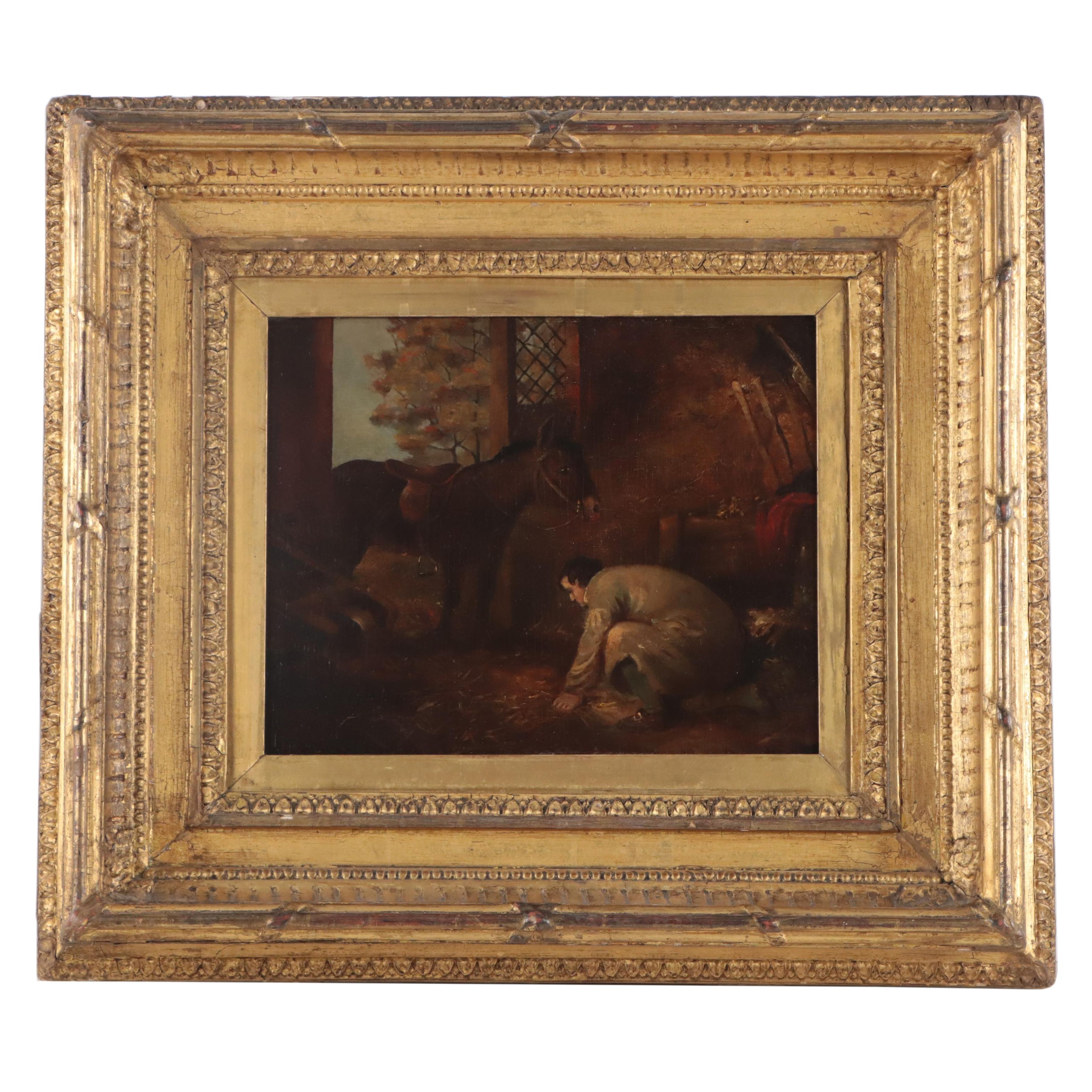 English School Barn Scene Oil Painting, Circa 1890